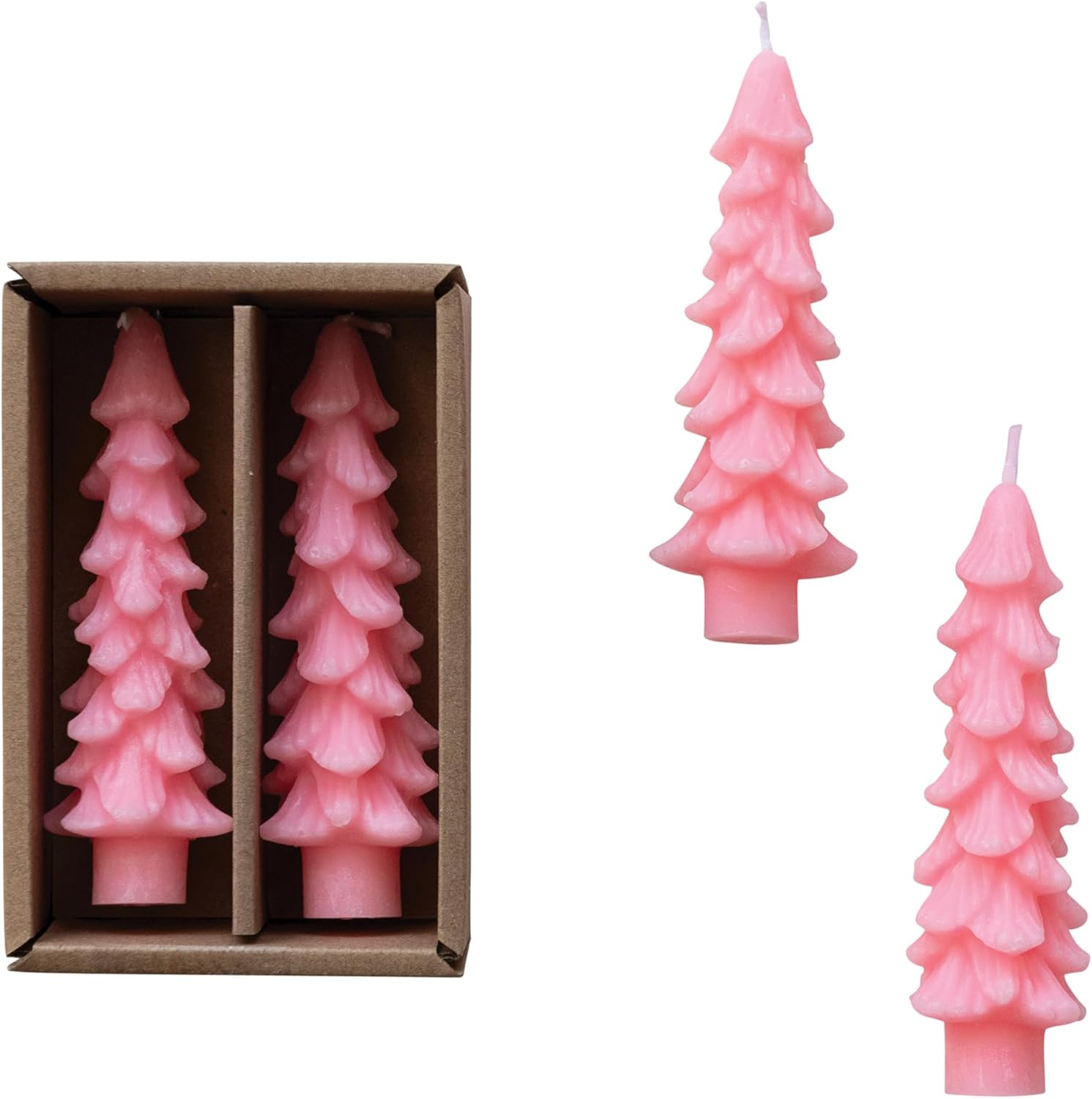 Creative Co-Op Unscented Textured Tree Shaped Taper Candles in Box, Pink, Set of 2