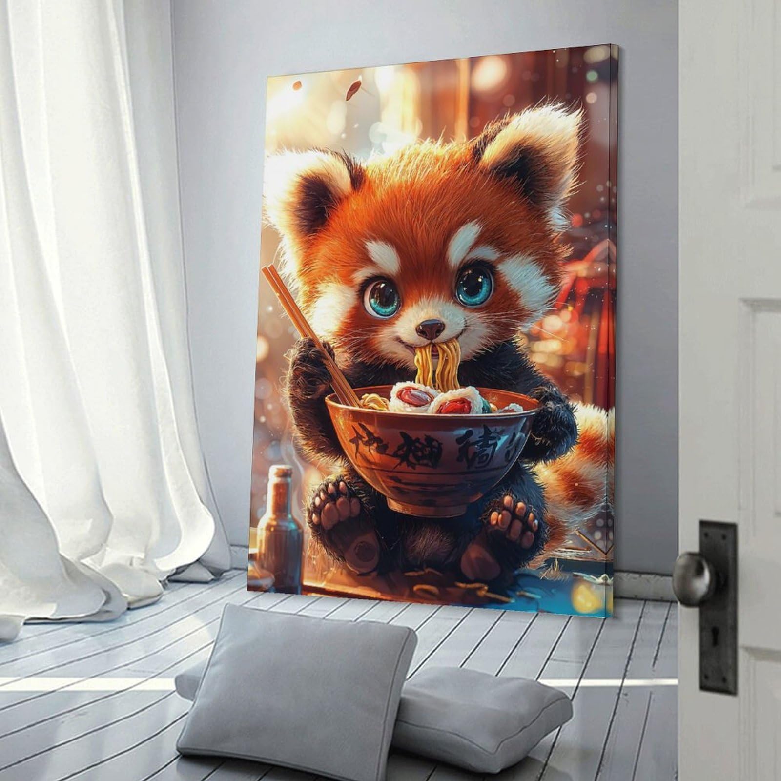 Junmoney Wall Picture Print Red Panda Eating Ramen, 20x30inch(50x75cm), for Living Room, Lounge Or Sitting Room, Modern Wall Decor for Cosy Interiors