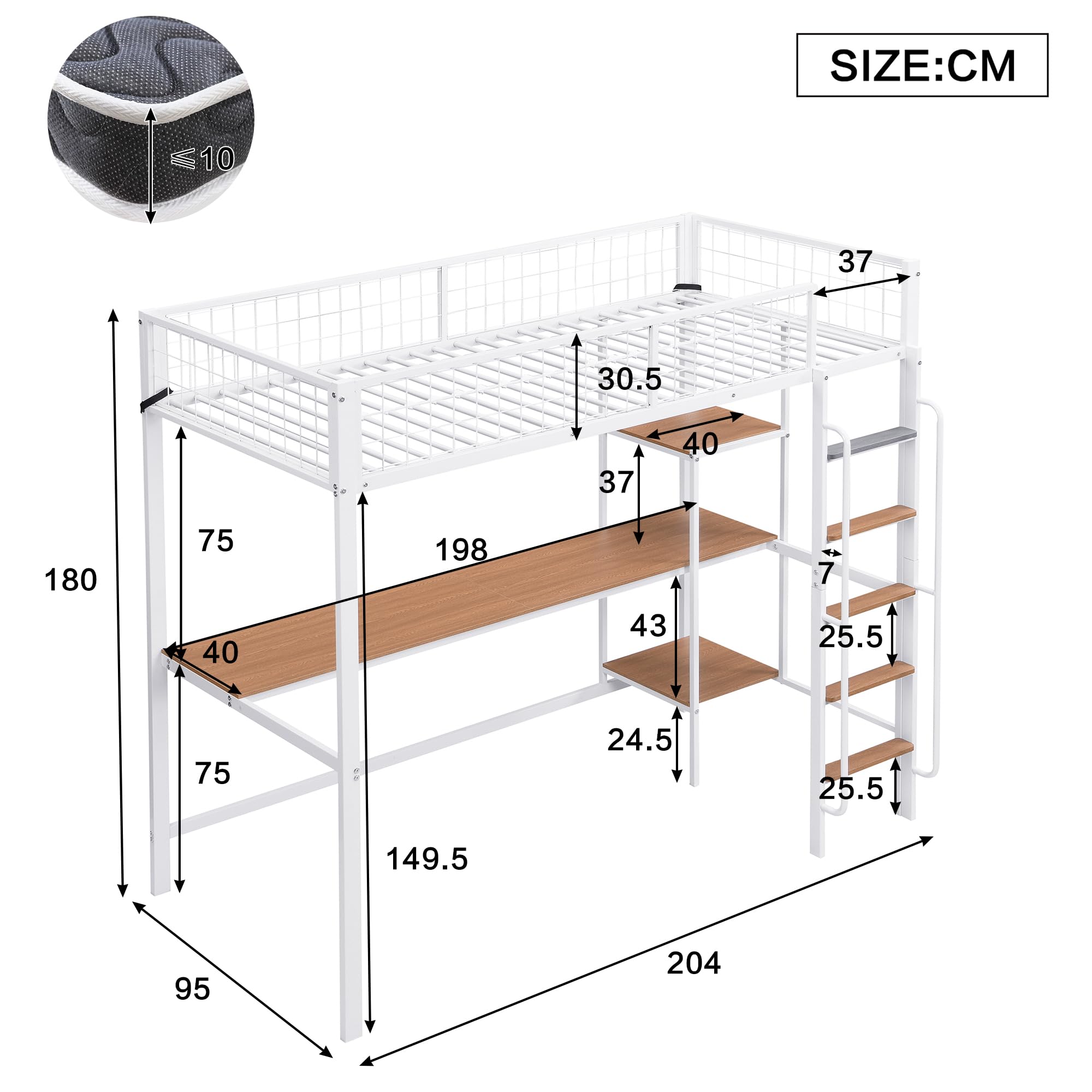 Łóżko piętrowe łóżko młodzieżowe 90 x 200 cm ze stołem, półkami, metalowe