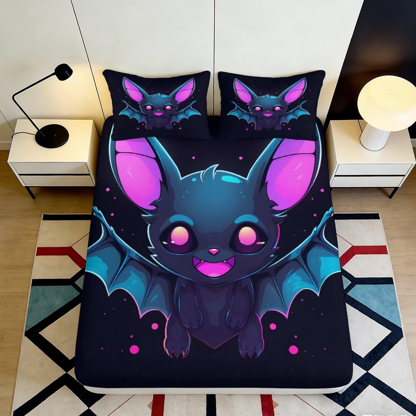 Uynsixtme Style-8 3D Printed Cute Bat Fitted Sheet Microfiber Non-Slip Deep Pocket Bedroom Bedding Bat Mattress Fitted Cover For Adults Teens 200X200x25cm
