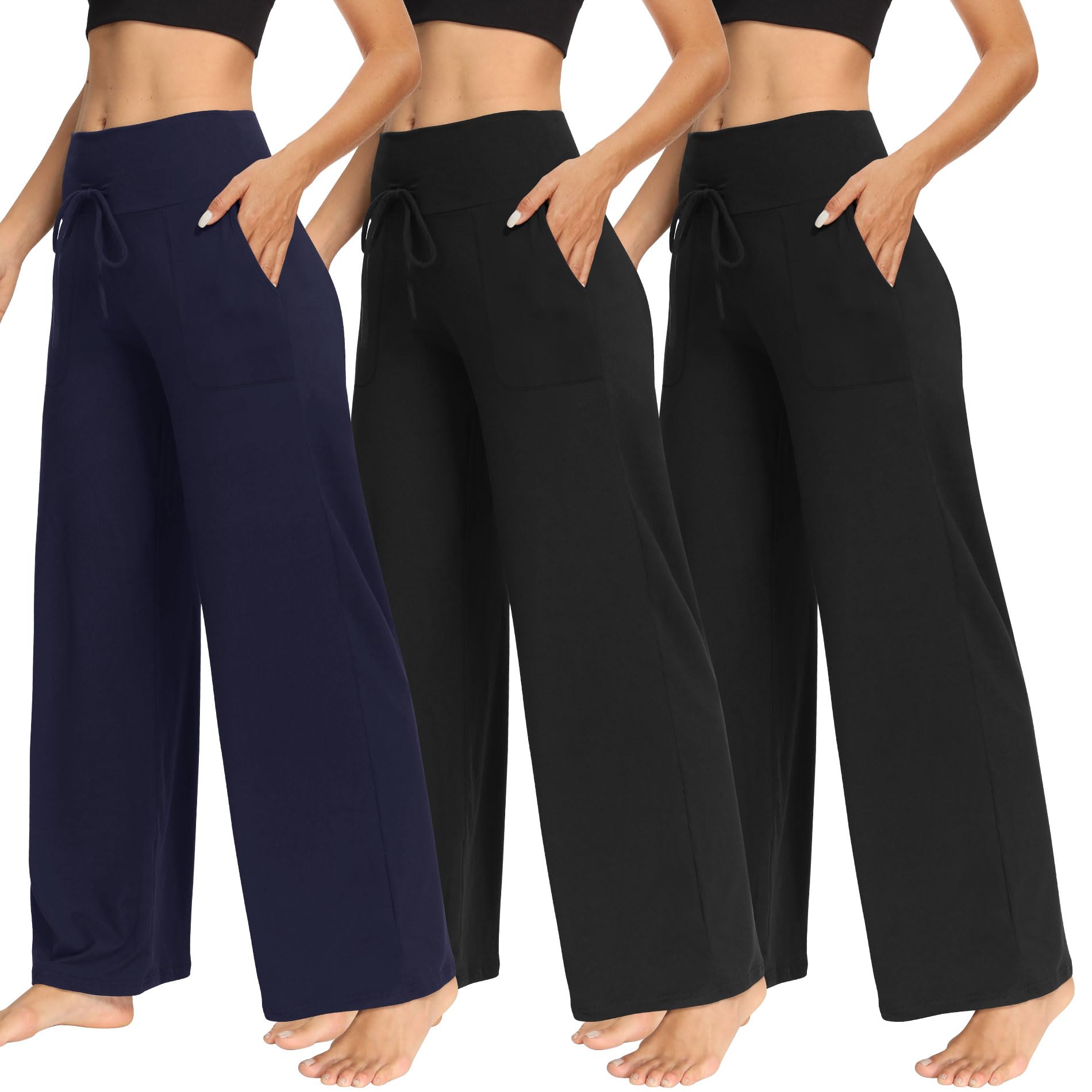 TNNZEET 3 Pack Women's Wide Leg Pants with Pockets - Casual Loose Yoga Trouser Pants Sweatpants Palazzo Lounge Pajama Pants
