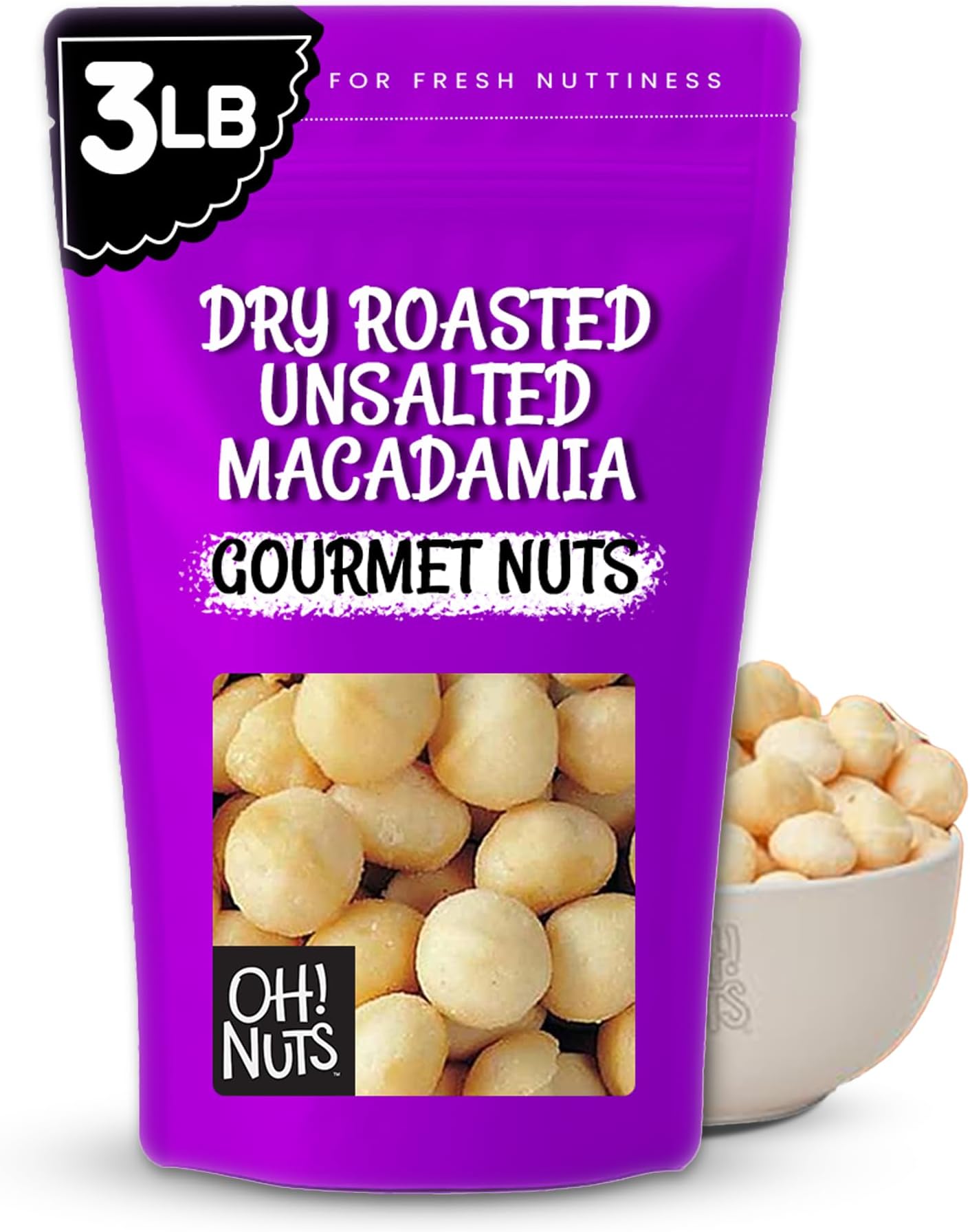 Oh! Nuts Macadamia Nuts - 3 lb - Dry Roasted Unsalted Macadamia Nuts - Oven Roasted - No Oil - Packed in New York Zip-Seal Bag for Exceptional Freshness