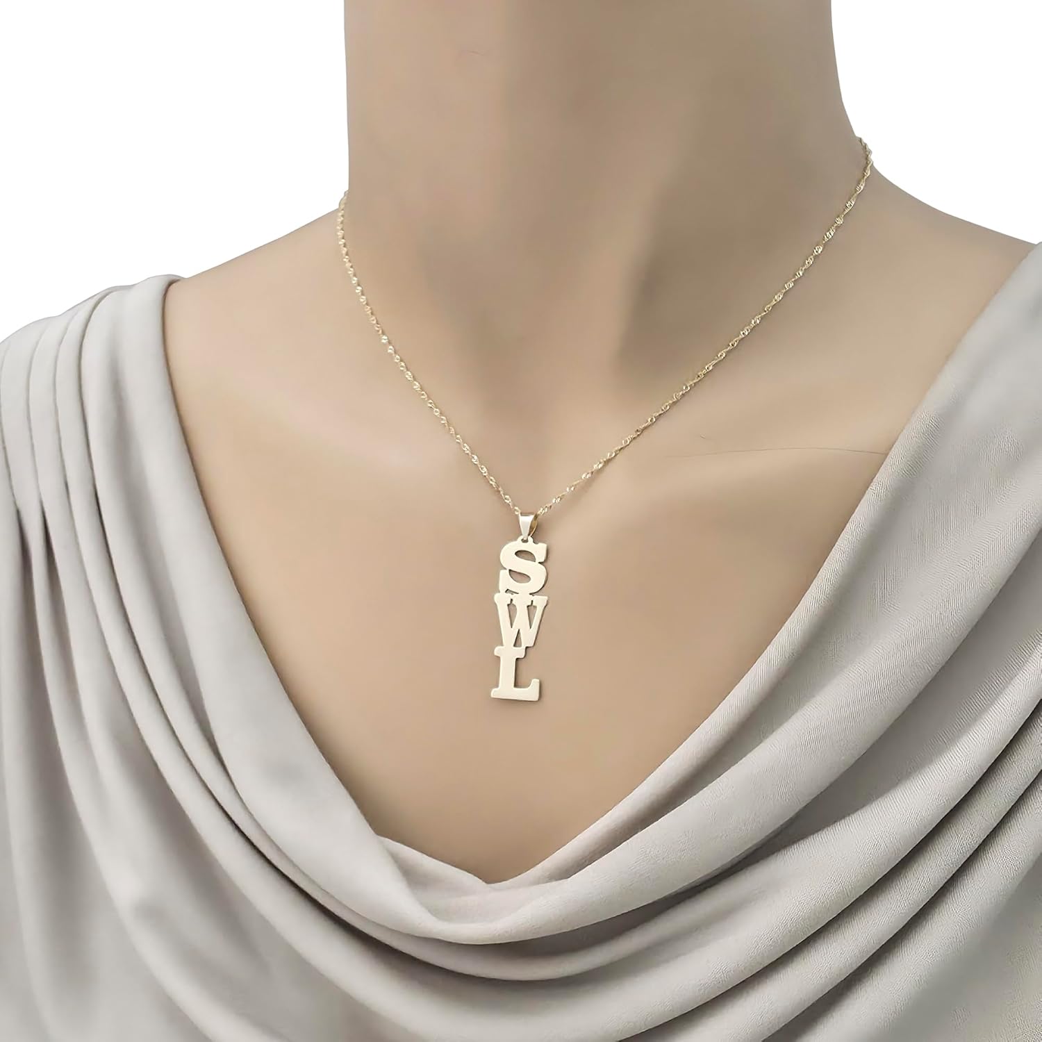 10k Yellow Gold Personalized Vertical Name Pendant Necklace Laser Cut Block Font