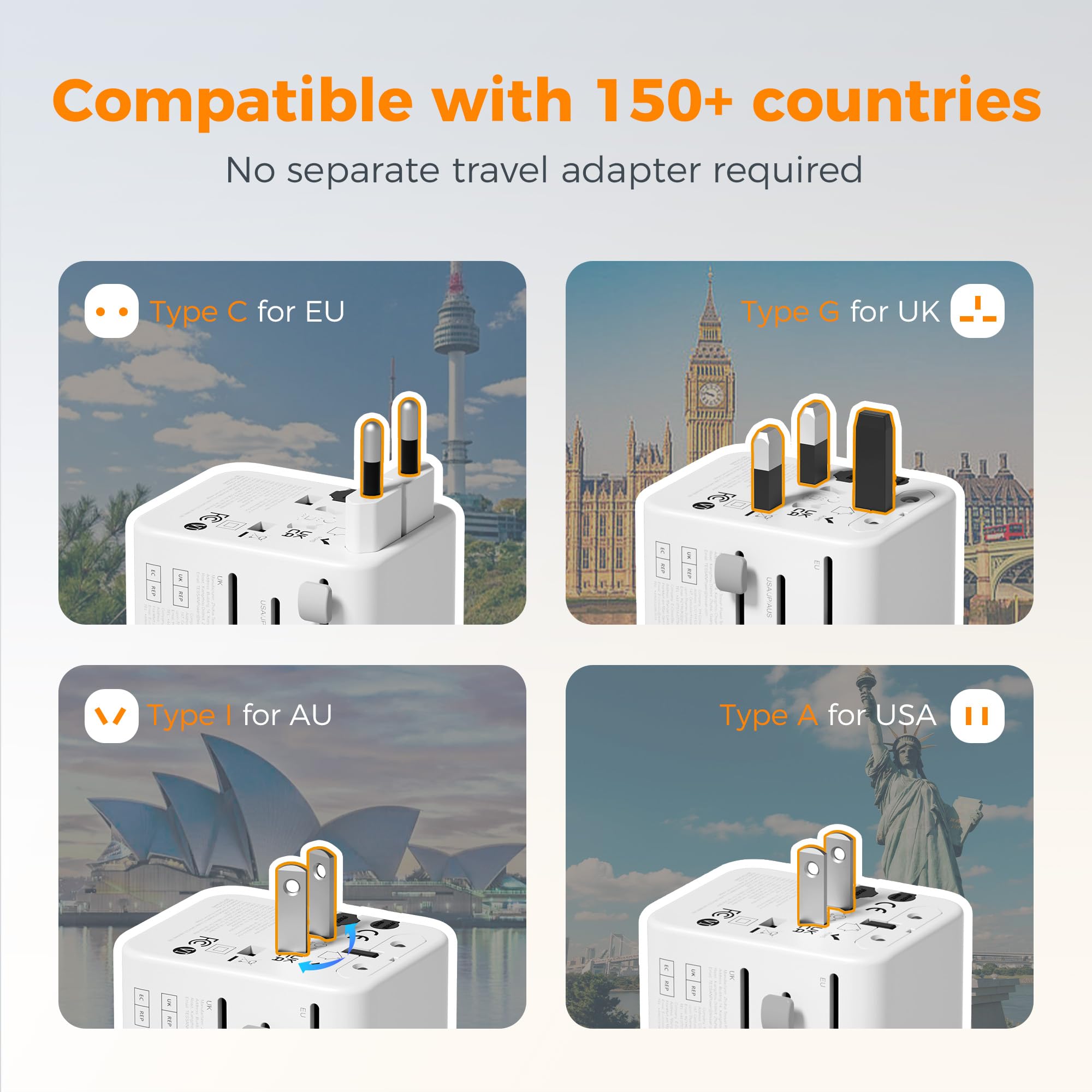 TESSAN Universal Travel Adapter Worldwide with 2 USB C and 2 USB A Ports, Universal Plug Adaptor UK to World, International Adapter for EU, USA, UK, Australia, Thailand etc. not a Voltage Converter — view 3