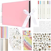 Photo Album, 29.5 x 21 cm Photo Album for Sticking and Writing, 80 Black Pages Photo Album Scrapbook with Coloured Markers and Stickers, Gift for Babies Couples Friends, Pink