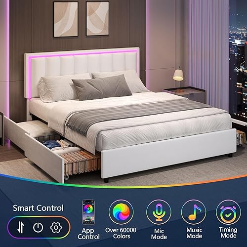 Miniatura 3 de Base de cama tamaño Queen con 4 cajones de almacenamiento, base de cama tapizada Queen con cabecero, luces LED RGB, base de metal resistente y