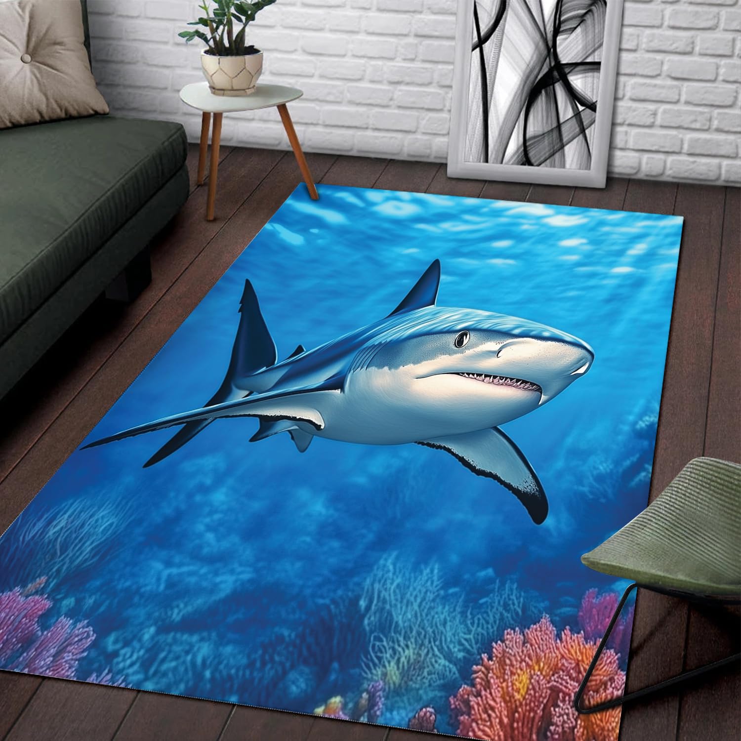 Cute Shark Area Rugs for Boys Bedroom Ocean Themed Carpets for Living Room Dinning Room Blue Cartoon Shark Rugs Soft Non Slip for Home Decor Beautiful