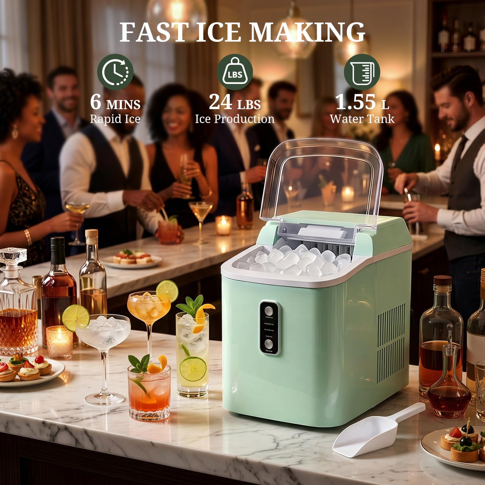 Nugget Ice Maker Countertop, 6-Min Fast Chewable Pellet Ice, 24lbs/24h Portable Ice Machine With Self-Cleaning, Ice Full & Low Water Indicator, Basket & Scoop For Home, Party, RV, Camping (Green) on Fridge.com - View 2