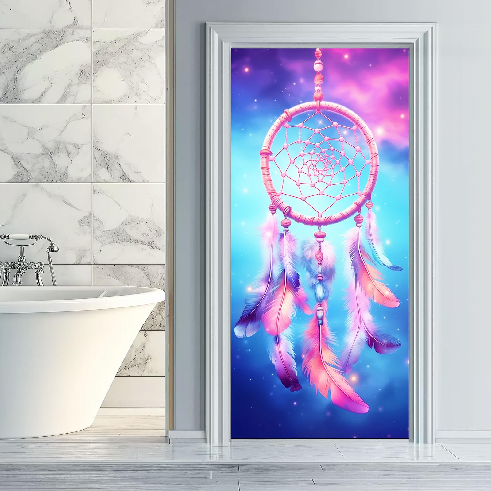 Galaxy Dreamcatcher 3D mural na drzwi, samoprzylepny, fantazyjny kosmos, wszechświat, sztuka, usuwalne murale, naklejki na drzwi, niebieskie naklejki z PCW, do sypialni, łazienki, biura, 95 x 215 cm