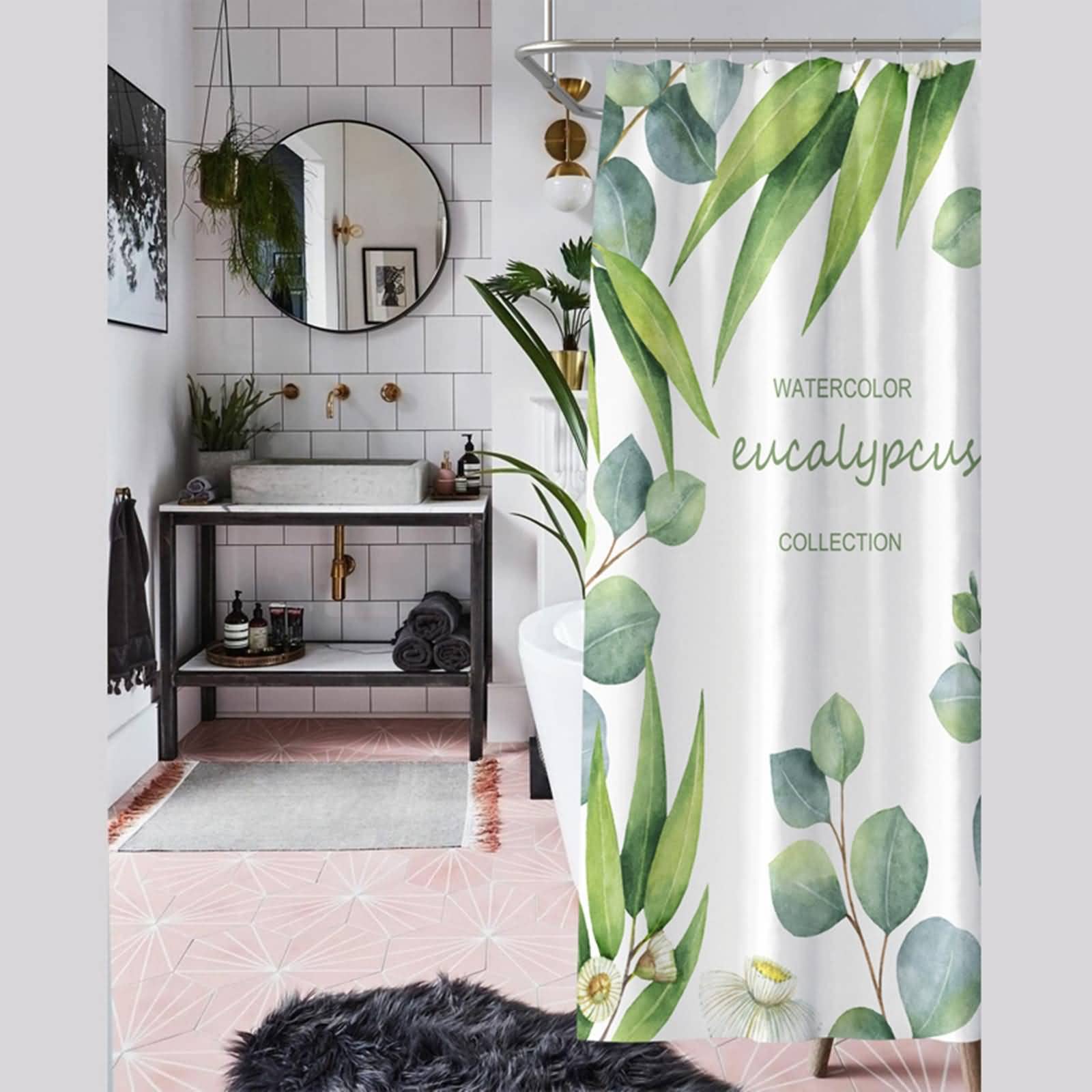 Tenda Doccia Antimuffa 180x200, Poliestere Bianco Verde Foglie E Fiori Tenda doccia con Grommets e ganci