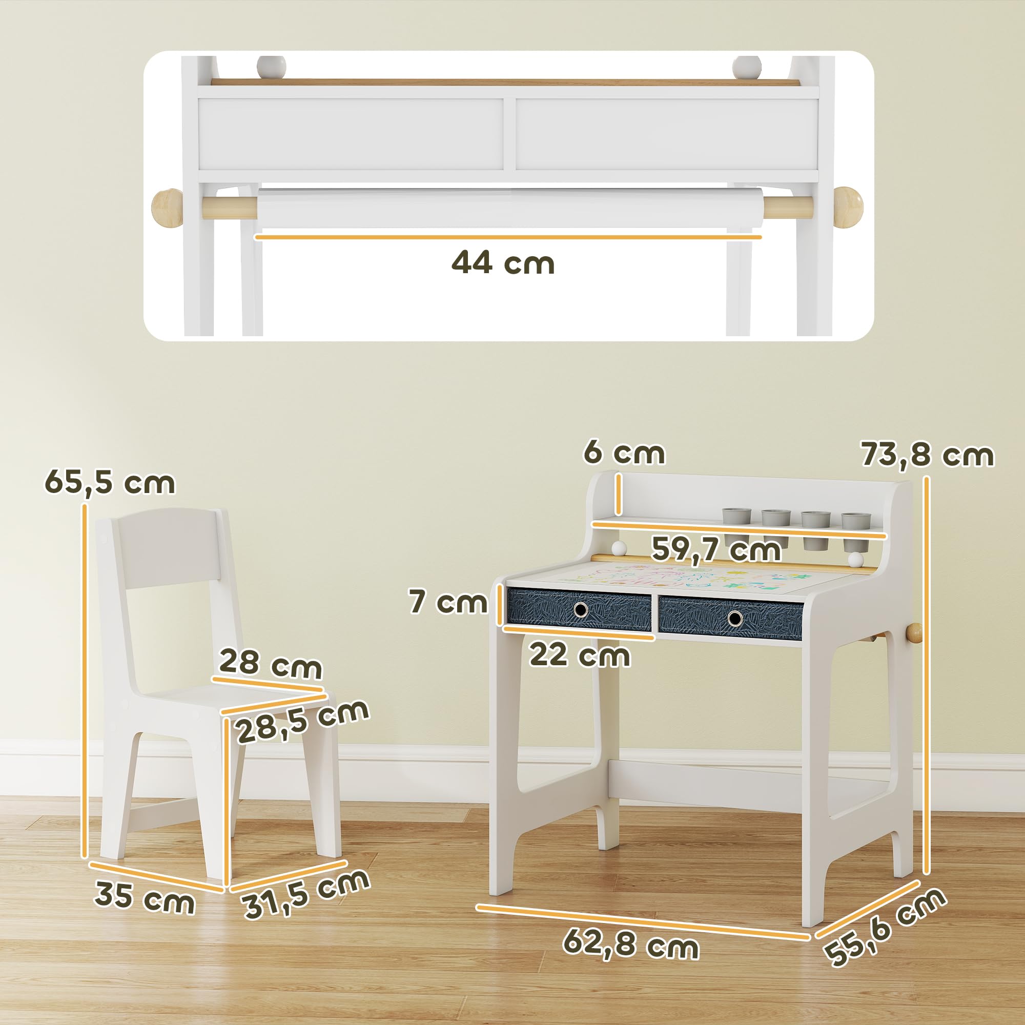 AIYAPLAY Bureau Enfant avec Chaise, Table avec 2 tiroirs en Tissu, étagère et Porte-gobelet, Blanc, pour 3-8 Ans