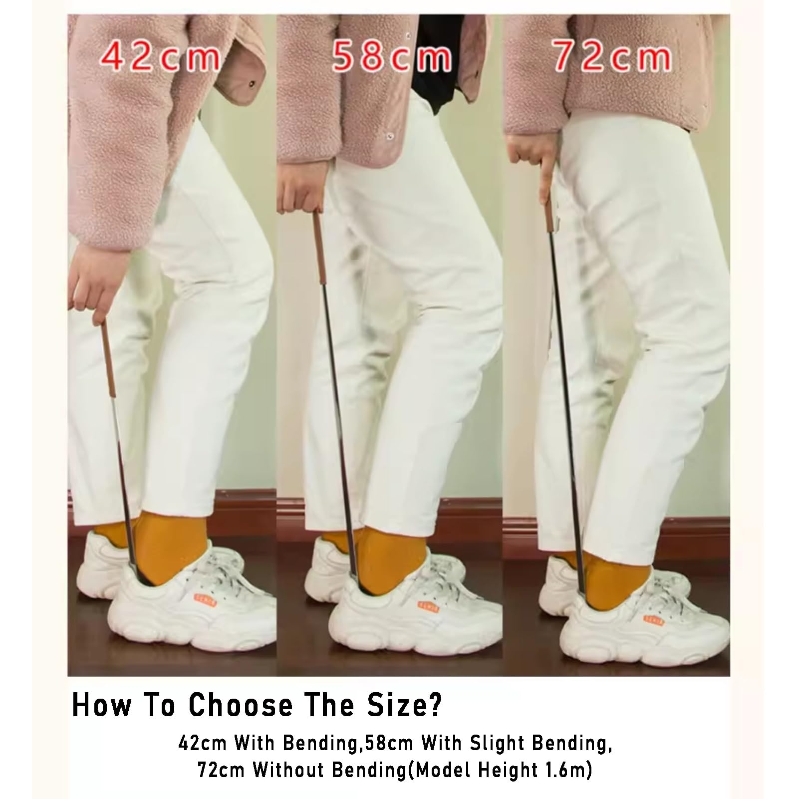 Calzador de mango largo, de acero inoxidable, con funda de cuero y gancho, apto for adultos.