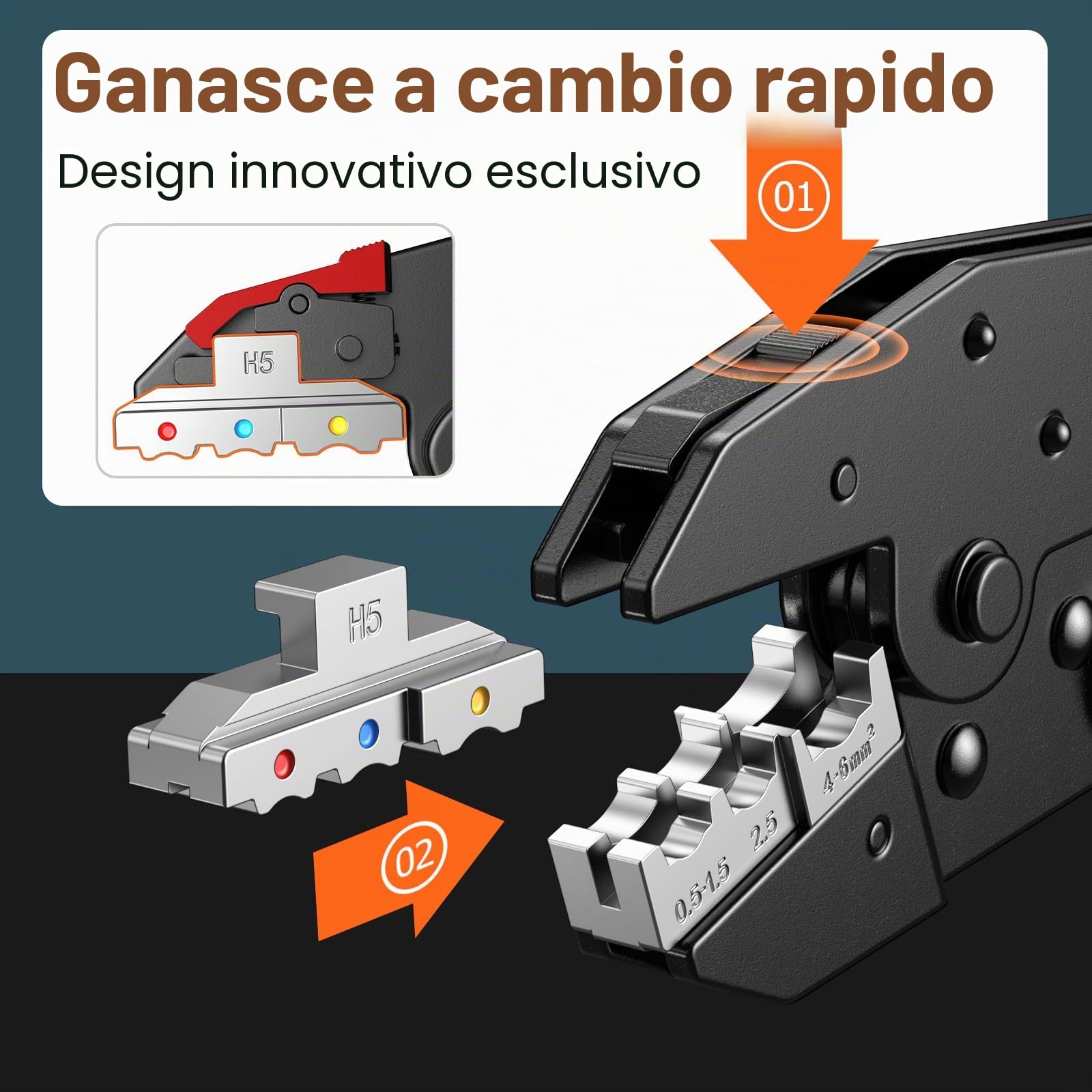 Set di pinze a crimpare con scatola, Preciva 0,25-10 mm², set di strumenti per la crimpatura del filo termorestringente, 395 terminali a ghiera con 6 teste per un cambio rapido