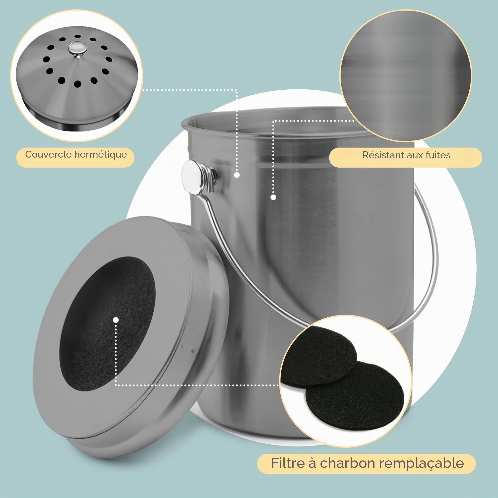 EPICA Composteur de Cuisine en Acier Inoxydable, Seau à Compost inodore avec filtres à Charbon, Seau à Compost avec Couvercle, pour Les restes Alimentaires et Le Recyclage des déchets