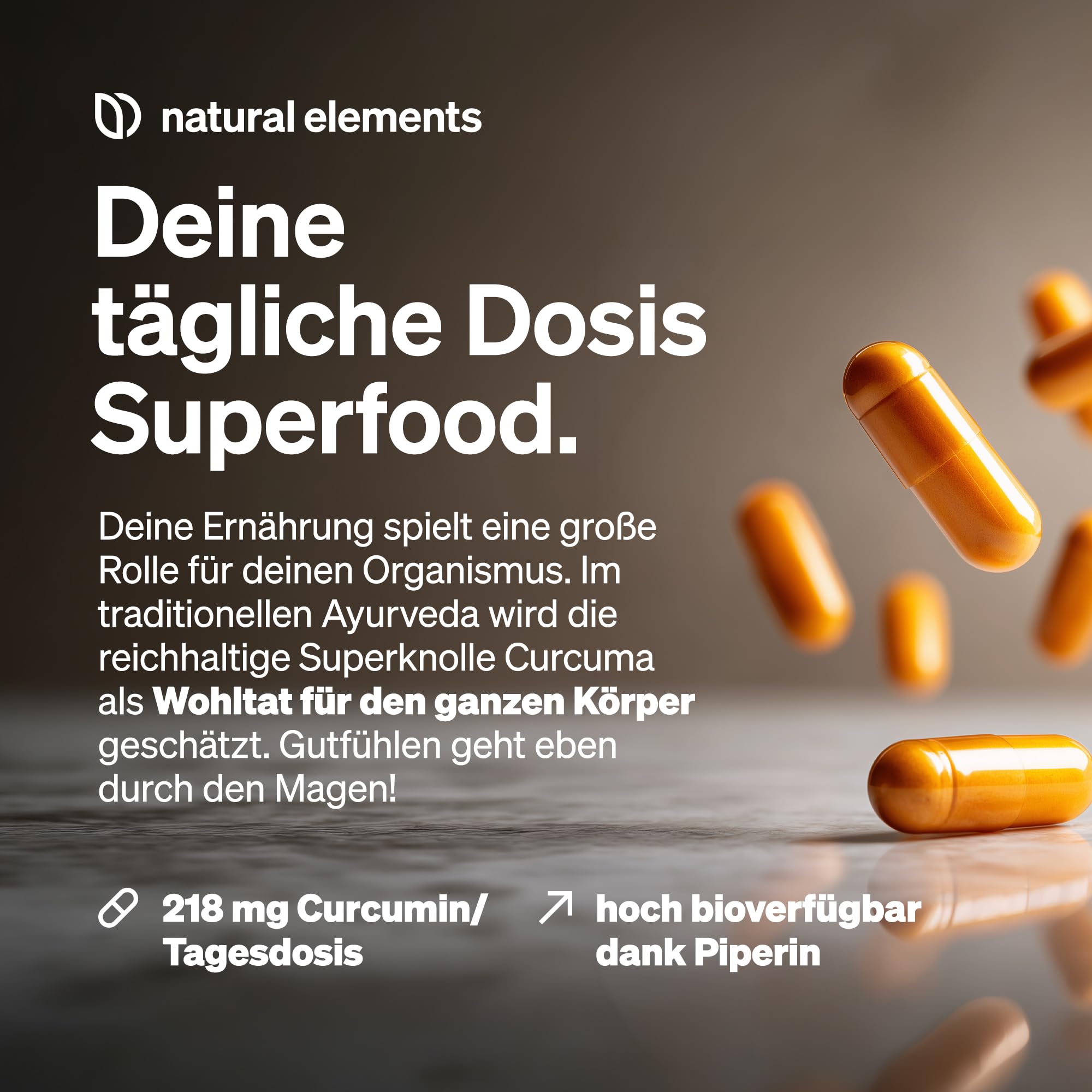 natural elements Bio Curcuma mit schwarzem Pfeffer – 240 Kapseln – 4350mg Bio-Curcuma (Kurkuma) pro Tagesdosis – mit Curcumin & Piperin – hochdosiert, vegan – in Deutschland produziert & laborgeprüft