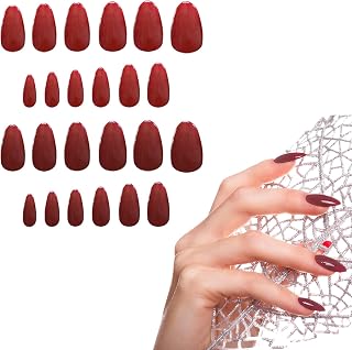 24pcs False Nails, False Nails with Glue Burgundy Nails Tips False Nails Print on Nails Fake Nails Stick on Nails Acrylic Nails for Women Girls (Almond Nails)