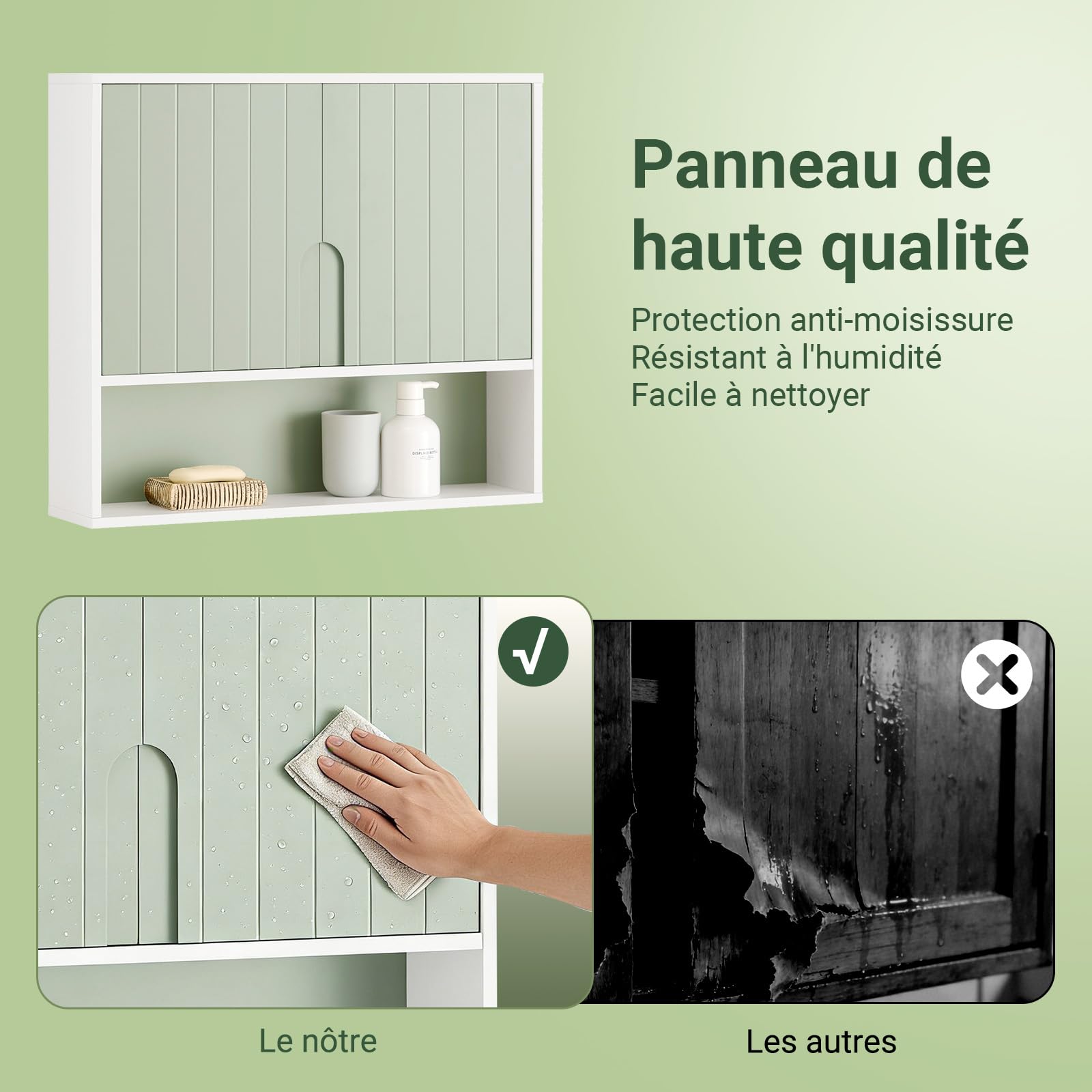 SoBuy Meuble Salle de Bain Suspendu Vert Sauge, Armoire Murale avec Étagère, Rangement Suspendu Gain de Place, Armoire Pharmacie, Meuble Dessus WC 60 × 54 × 15 cm BZR140-GR