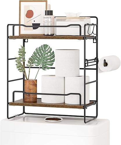 EZFurni Organizador de estante de inodoro de madera, 9 rollos de almacenamiento de papel higiénico, lindo organizador de 2 niveles sobre el estante