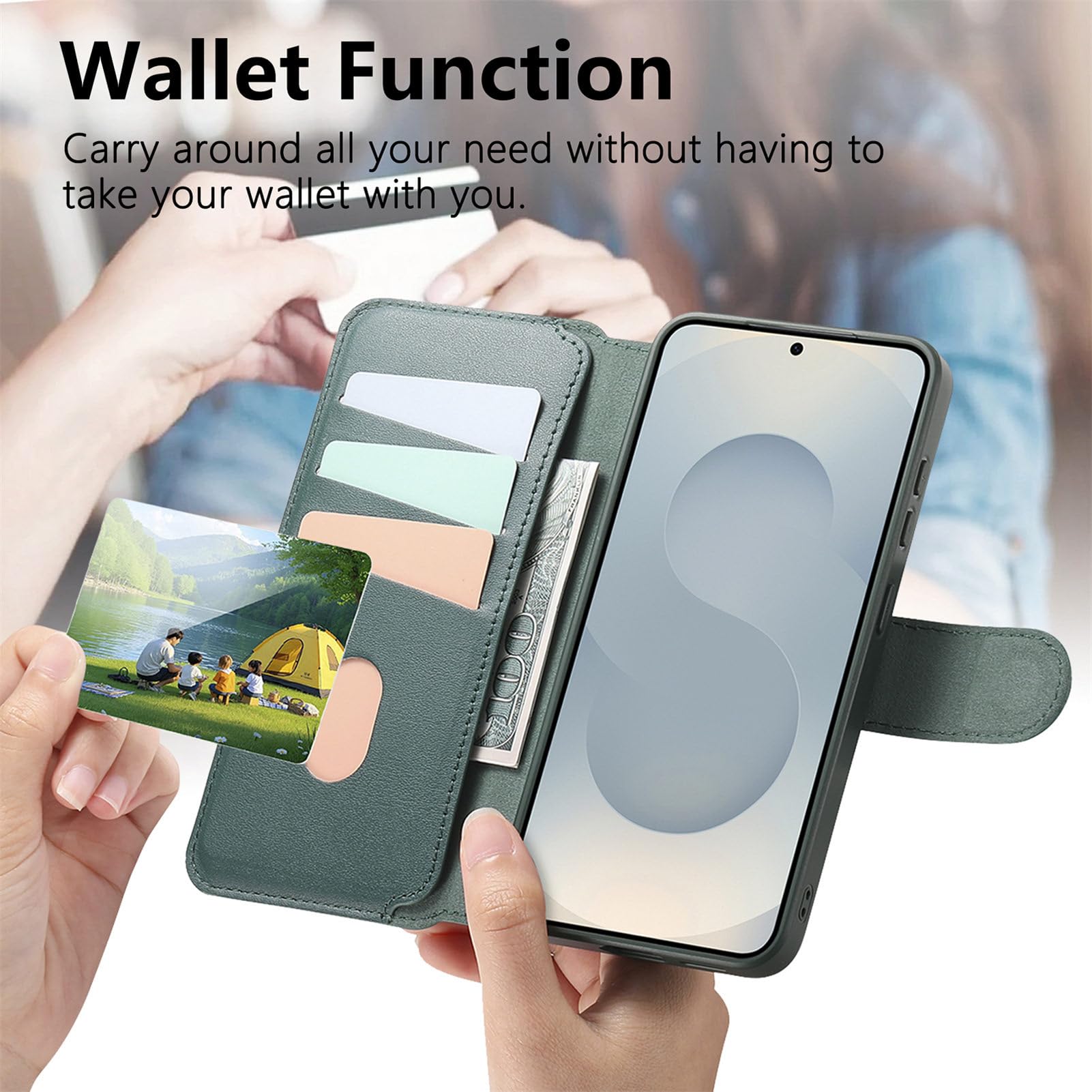COQUE Samsung Galaxy S26 Plus Magnetic Wallet Case With Elastic Wrist Strap, Zintegrowany uchwyt na karty i regulowany uchwyt, Odporna na wstrząsy osłona ochronna - Zielony