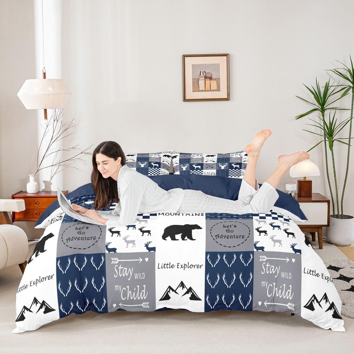 Feelyou Deer Moose Print Duvet Cover for Girls Women Teens Adult, Kids Boys Bear Hunting Theme Bedding Set, 3D Wild Animal Comforter Cover Set,Blue with 1 Pillowcase 2Pcs Bedding Twin