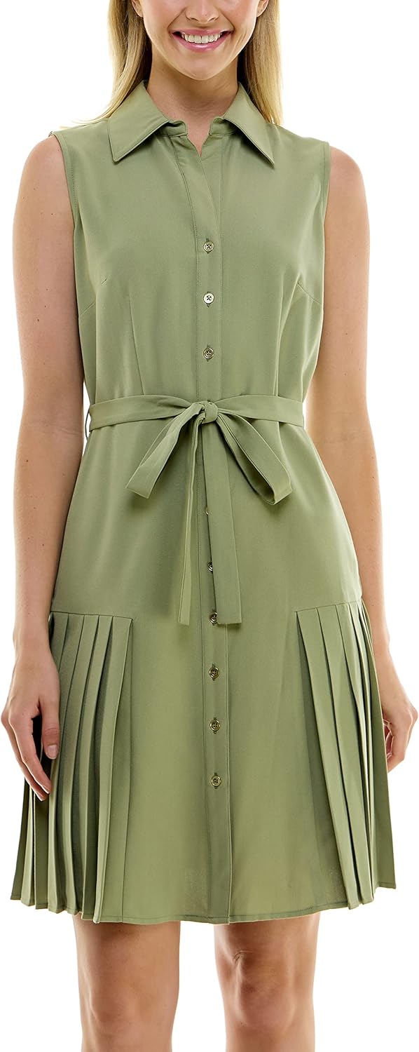 Sharagano Womens Sleeveless Collared Shirt Dress with Full Button Panel and Belted Waist - Image 2