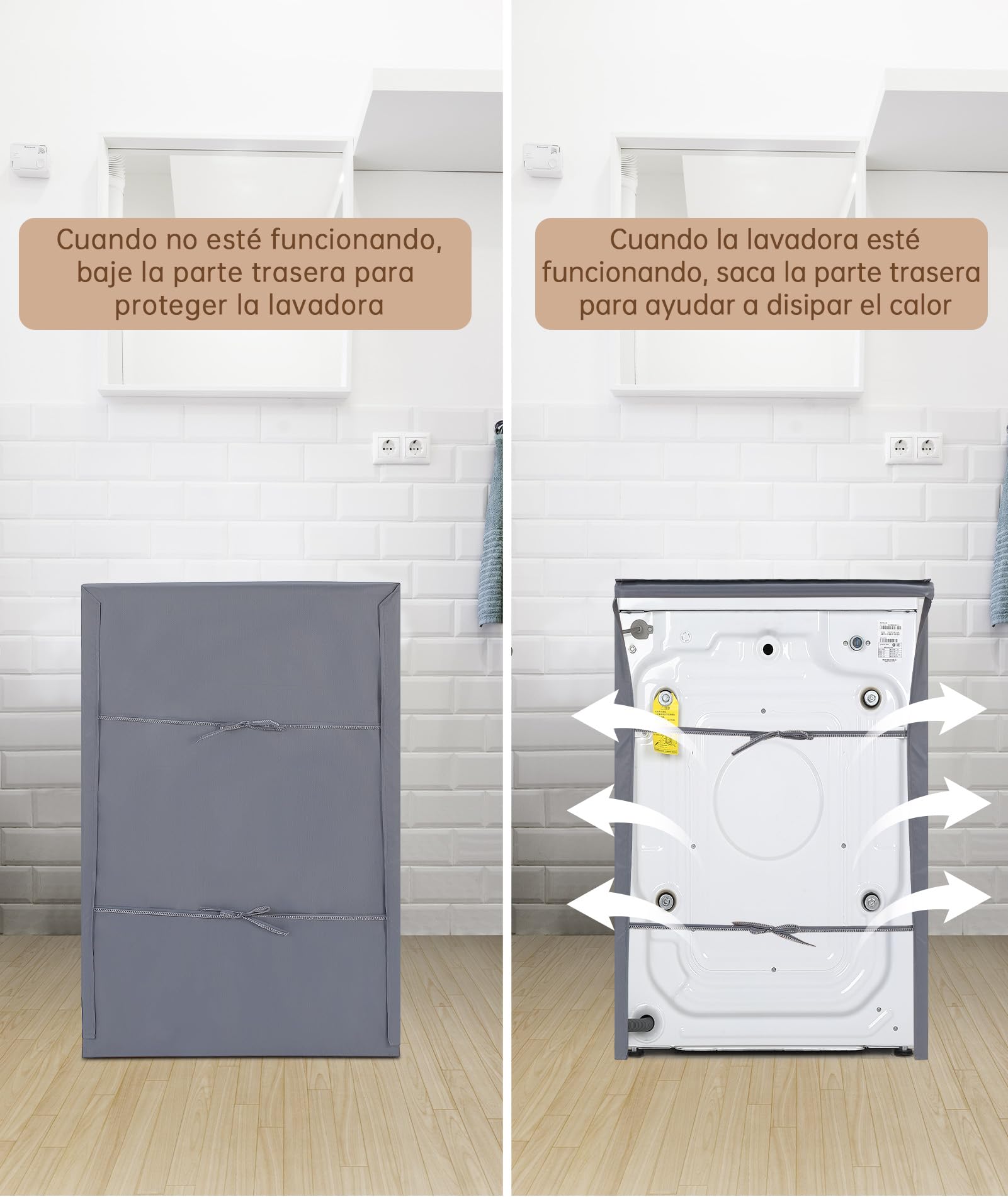 HAUSPROFI Funda Lavadora Exterior Impermeable 60 * 64 * 85cm, Fundas Lavadora Carga Frontal 420D, Fundas Secadoras Exterior con Recubrimiento Plata de Doble Cara, Funda Secadora Impermeable - Gris — view 3
