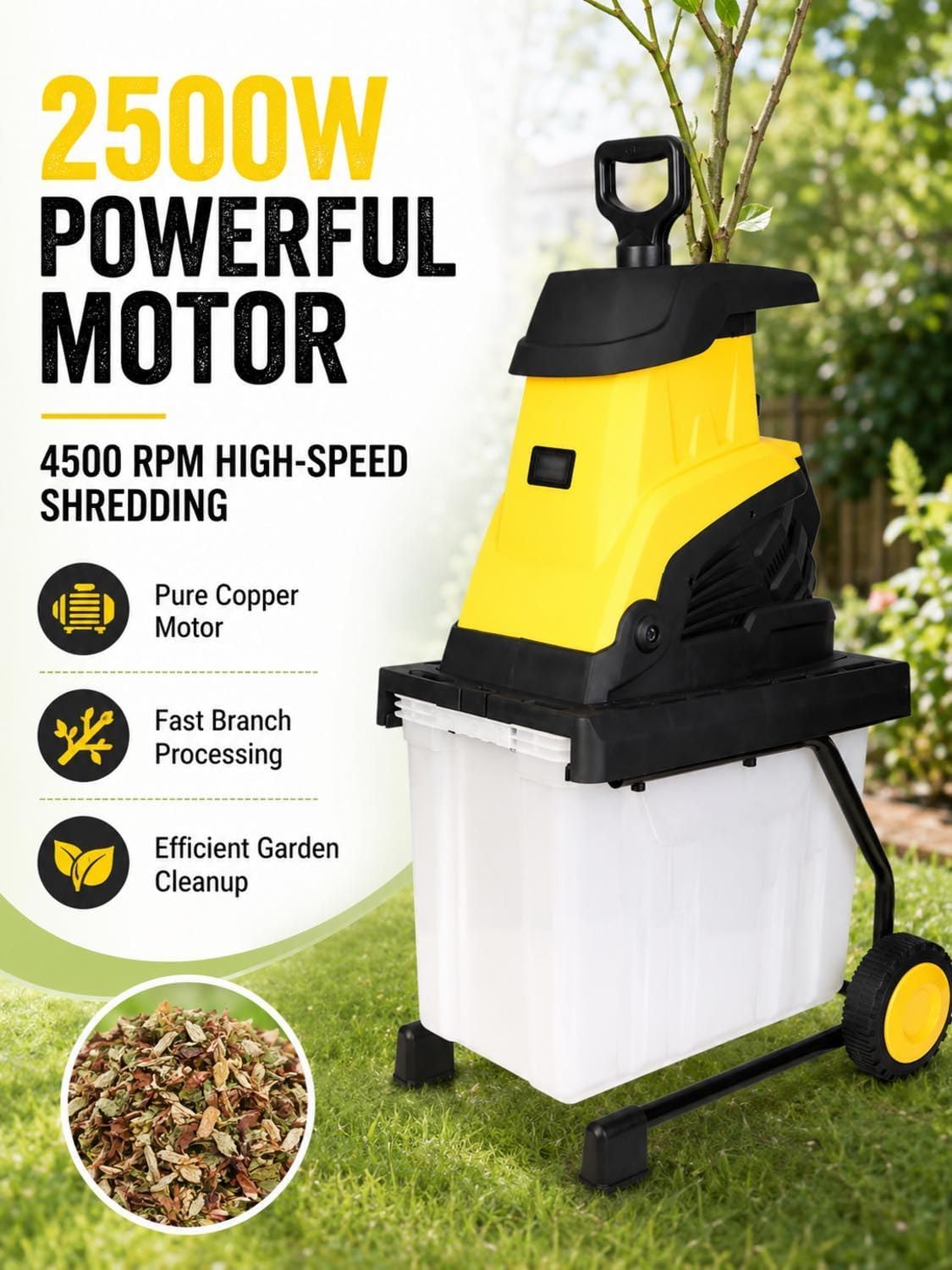 Trituradora de Jardín Eléctrica 2500W, Astilladora de Madera 45mm, Caja 55L
