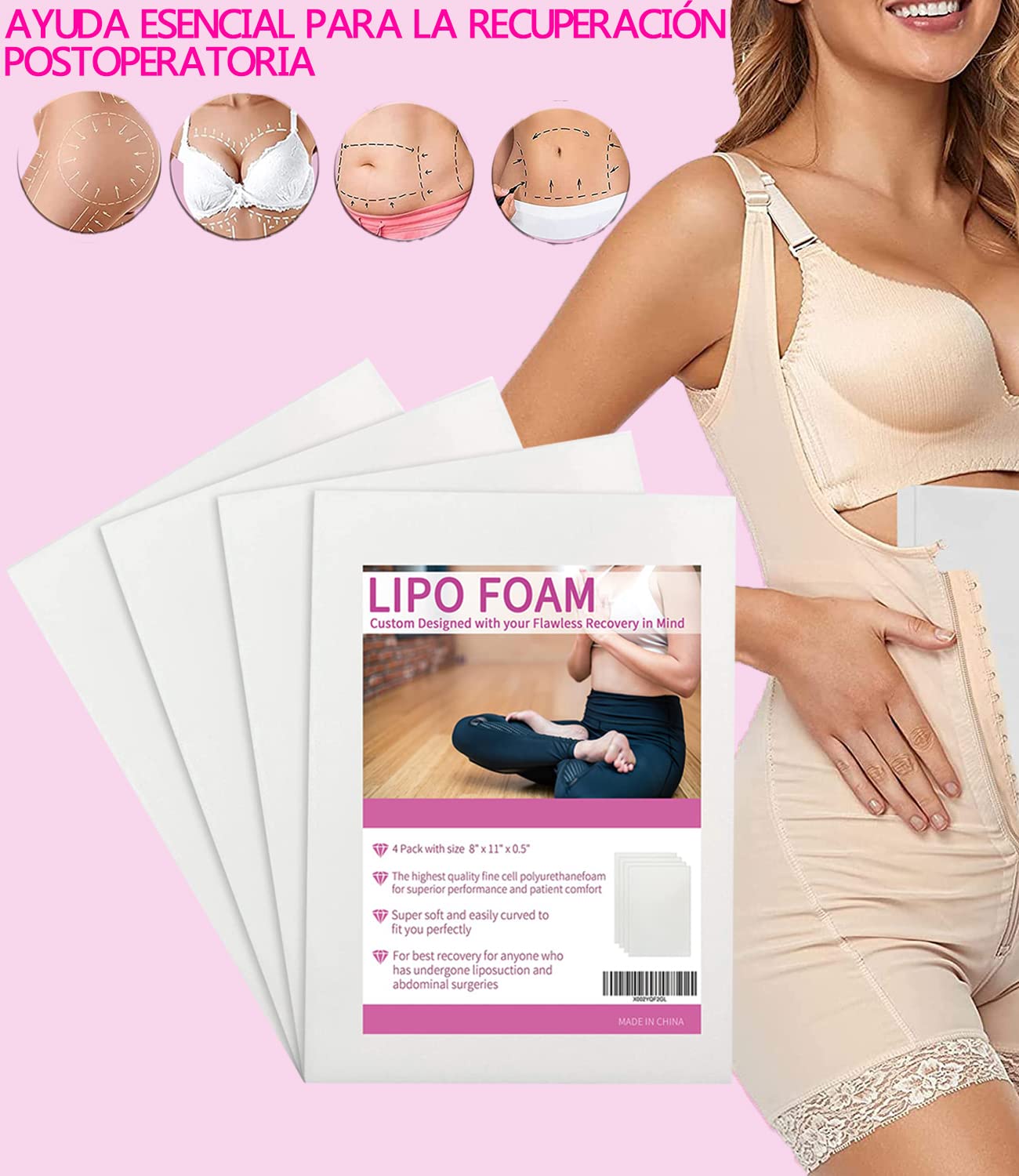 4 Paquete Lipo Almohadillas de Espuma 8''*11''*0.5'' Tablas de Espuma Liposucción Cirugía Hoja de Espuma para ayudar con la liposucción post-quirúrgica, abdominoplastia