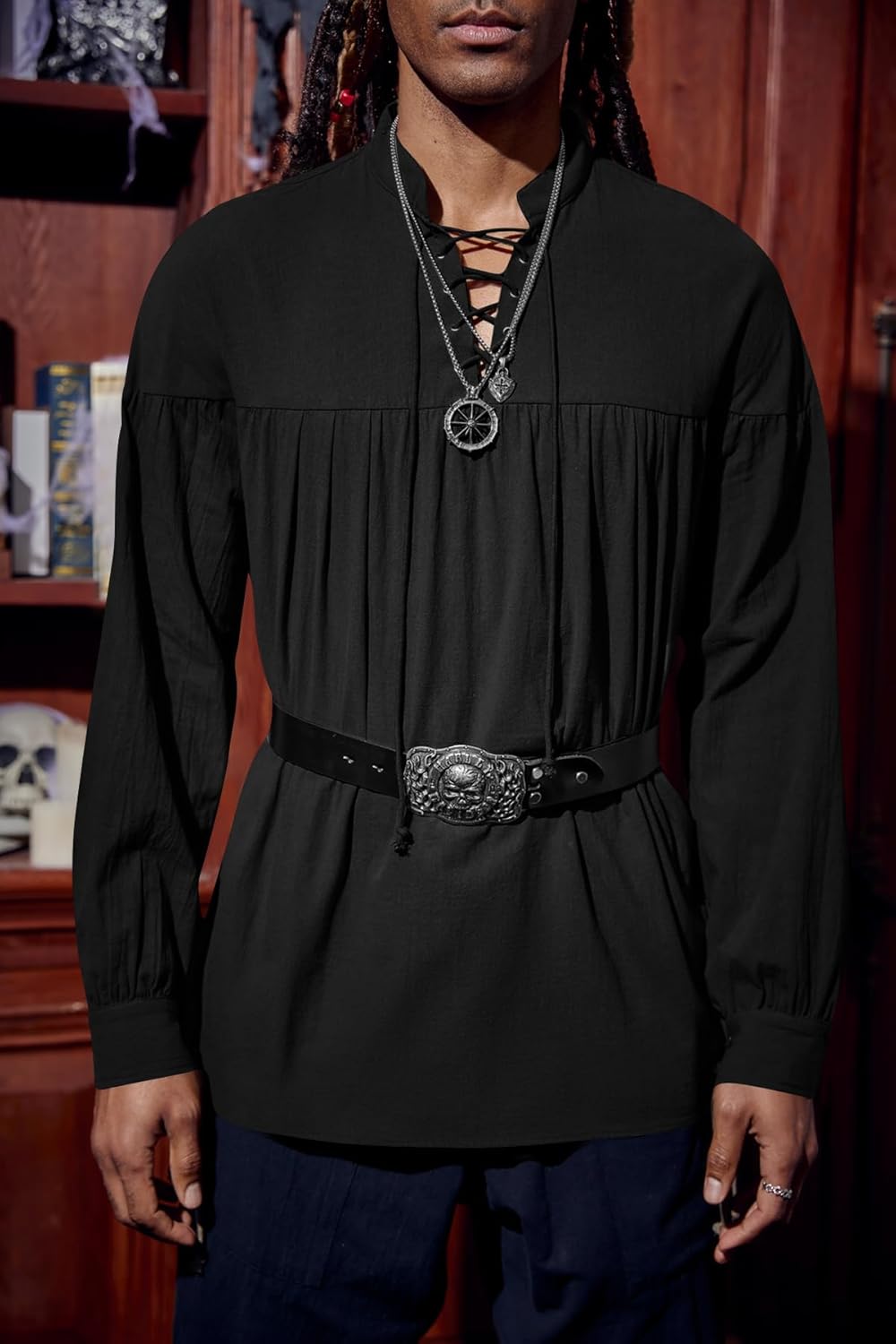 Runcati Mens Medieval Pirate Shirt Steampunk Viking Renaissance Long Sleeve Lace Up Scottish Halloween Costume Tops - Image 2
