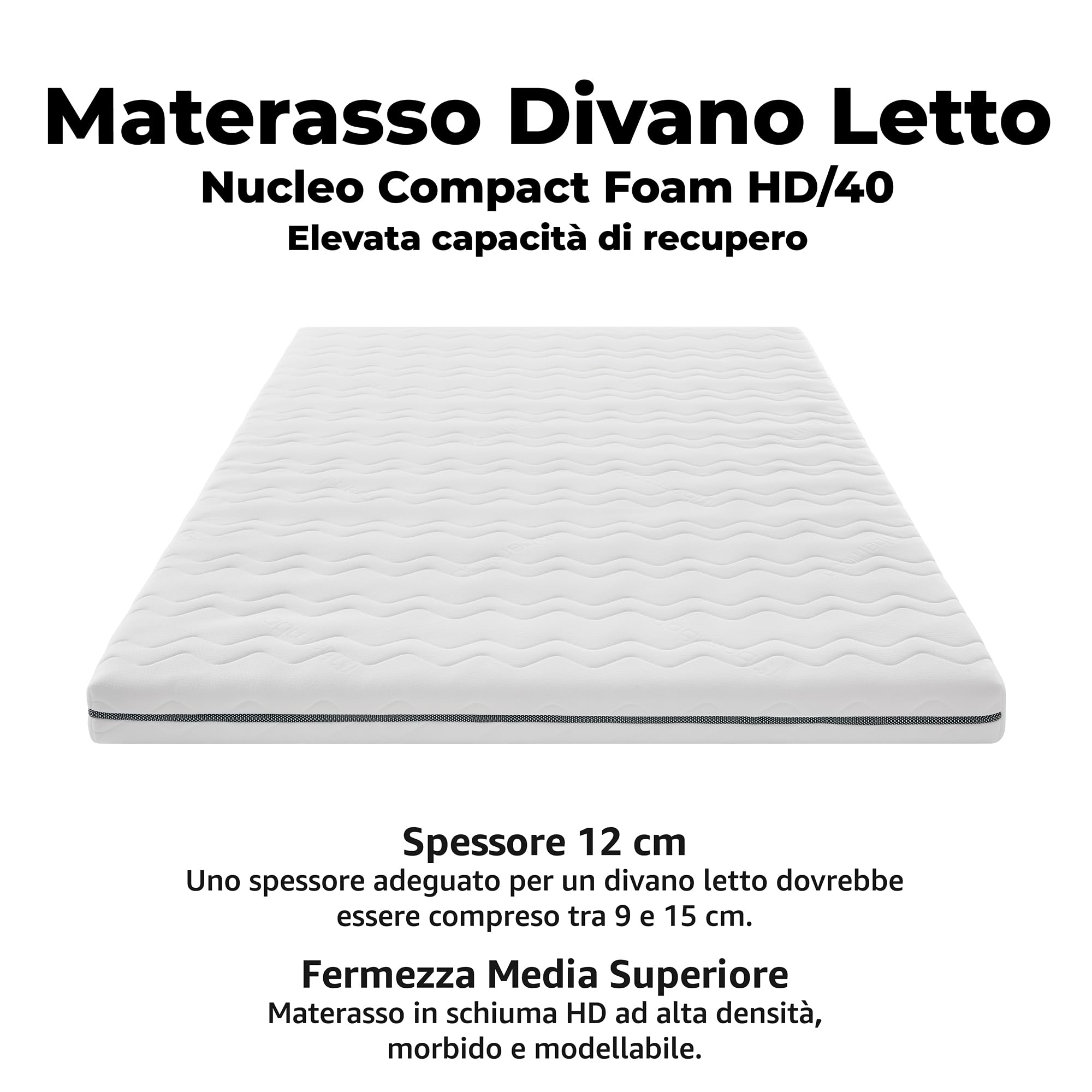 Materasso doppio per Divano Letto 140x180 cm, Antibatterico e Antimuffa, Rivestimento con Cerniera, Lavabile e Traspirante, Anima Indeformabile, Bianco.