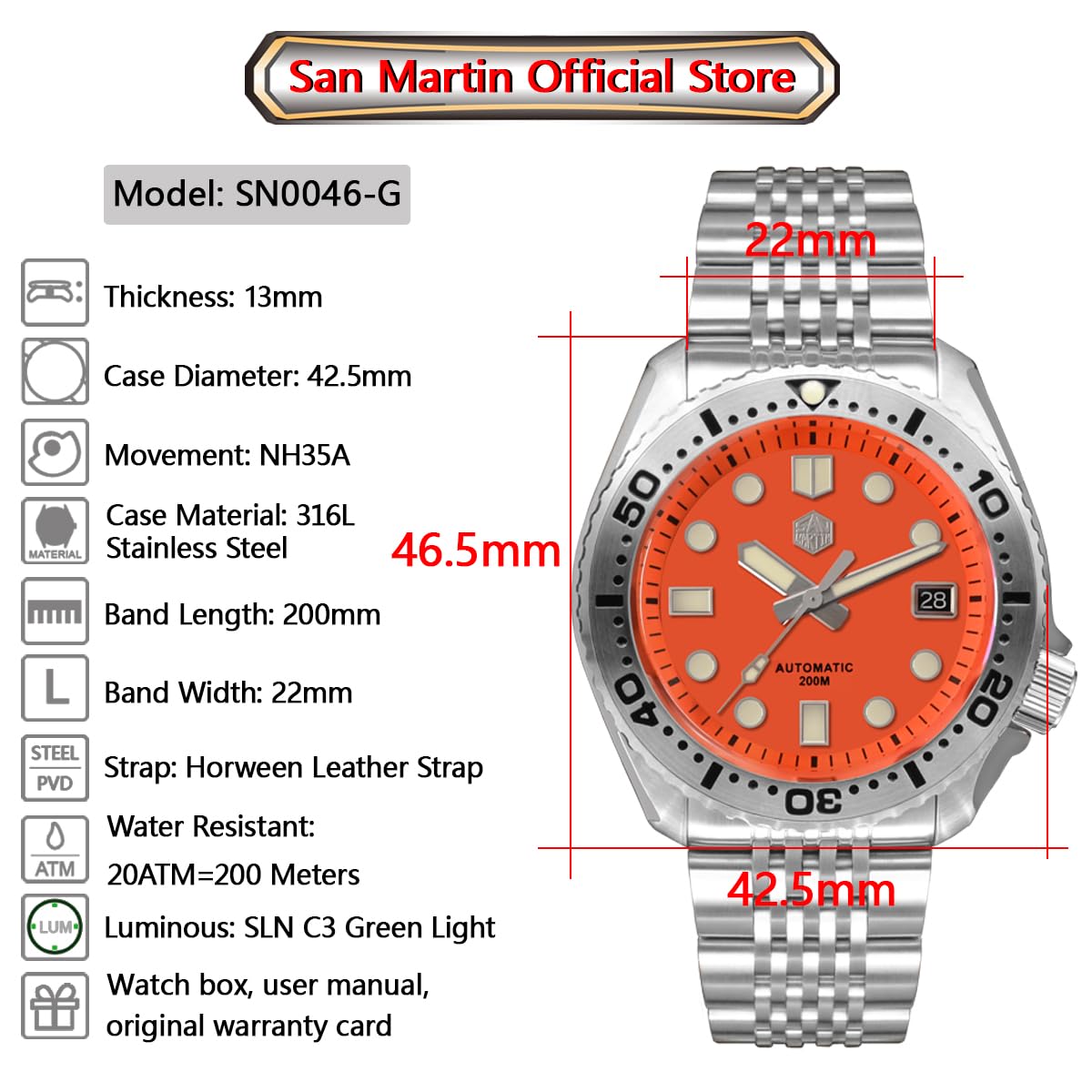 NC San Martin SN046G Edelstahl Taucheruhren NH35 Mov't Mechanische Uhr C3 Super leuchtendes Armband Saphirglas 200m wasserdichte Armbanduhr