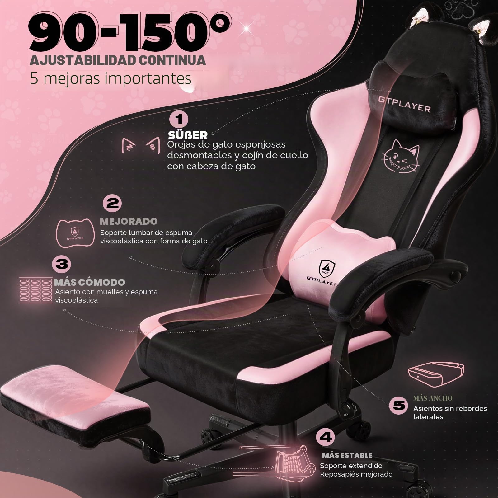 GTPLAYER Linda Silla de Gaming con Tela de Terciopelo, Silla de Gaming, Silla ergonómica de Oficina, Silla Gamer, con Orejas de Gato, Espuma viscoelástica y reposapiés, 150 kg, Color Rosa