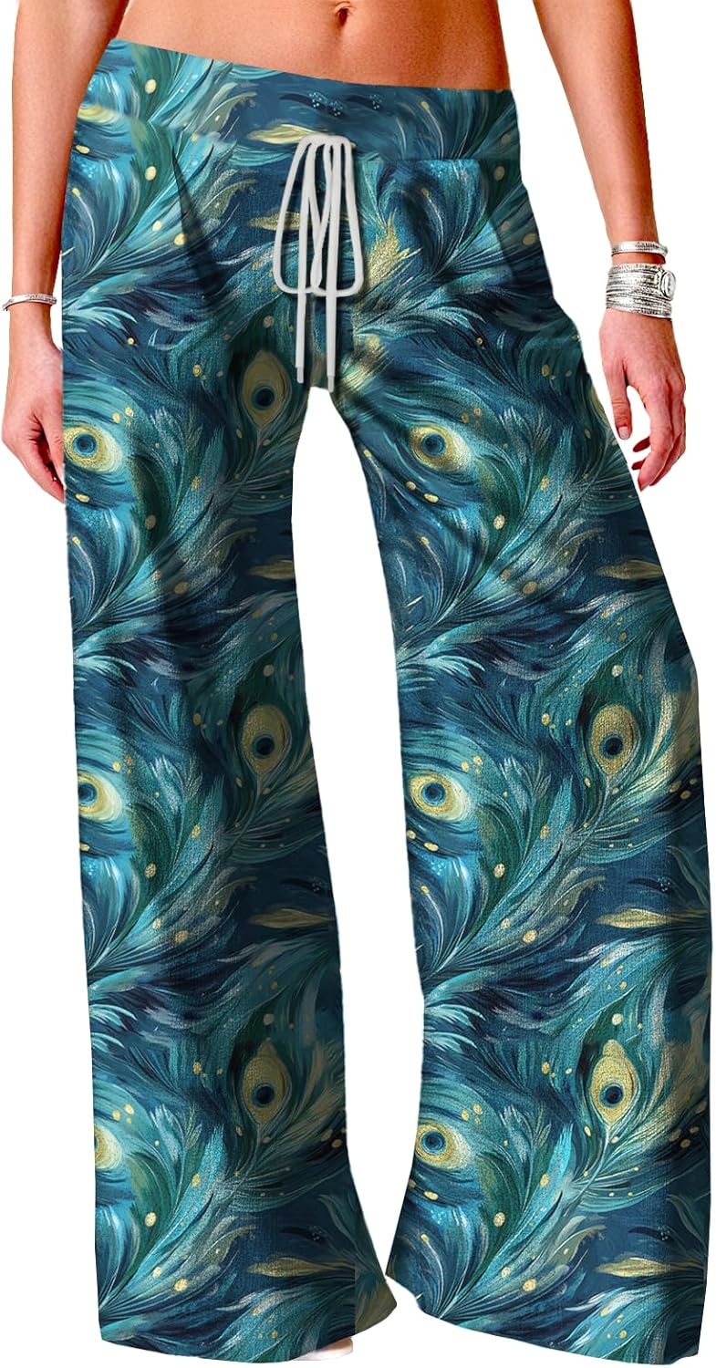 High Waist Pants for Women Casual Baggy Boho Floral Lounge Trousers Lightweight Stretchy Sweatpants with Pockets