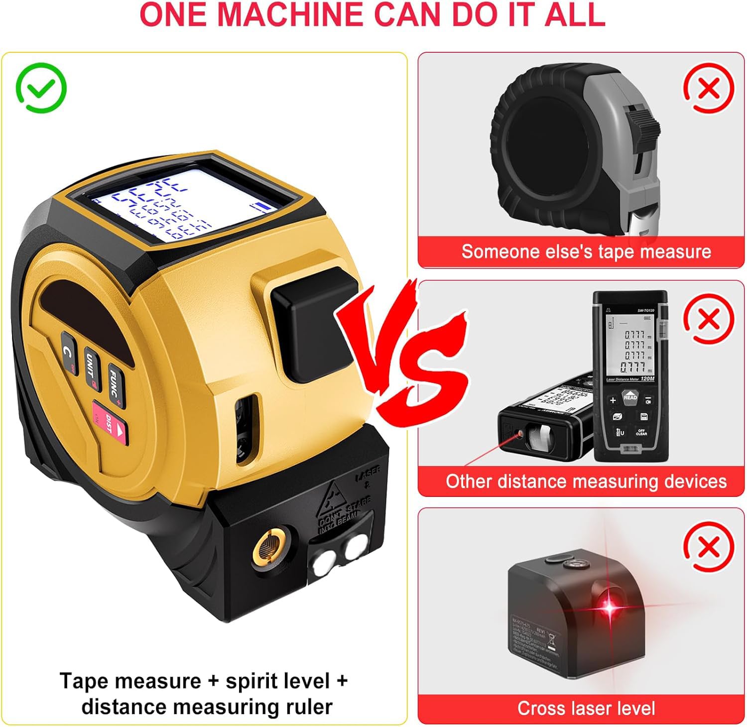 Misuratore Laser 3 In 1, 60 M Telemetro Laser Digitale, Misuratore di Distanza (Unità: M/In/Ft), Metro A Nastro da 5 M + Proiettore A Croce Rossa, per La Lavorazione Del Legno E L'Edilizia