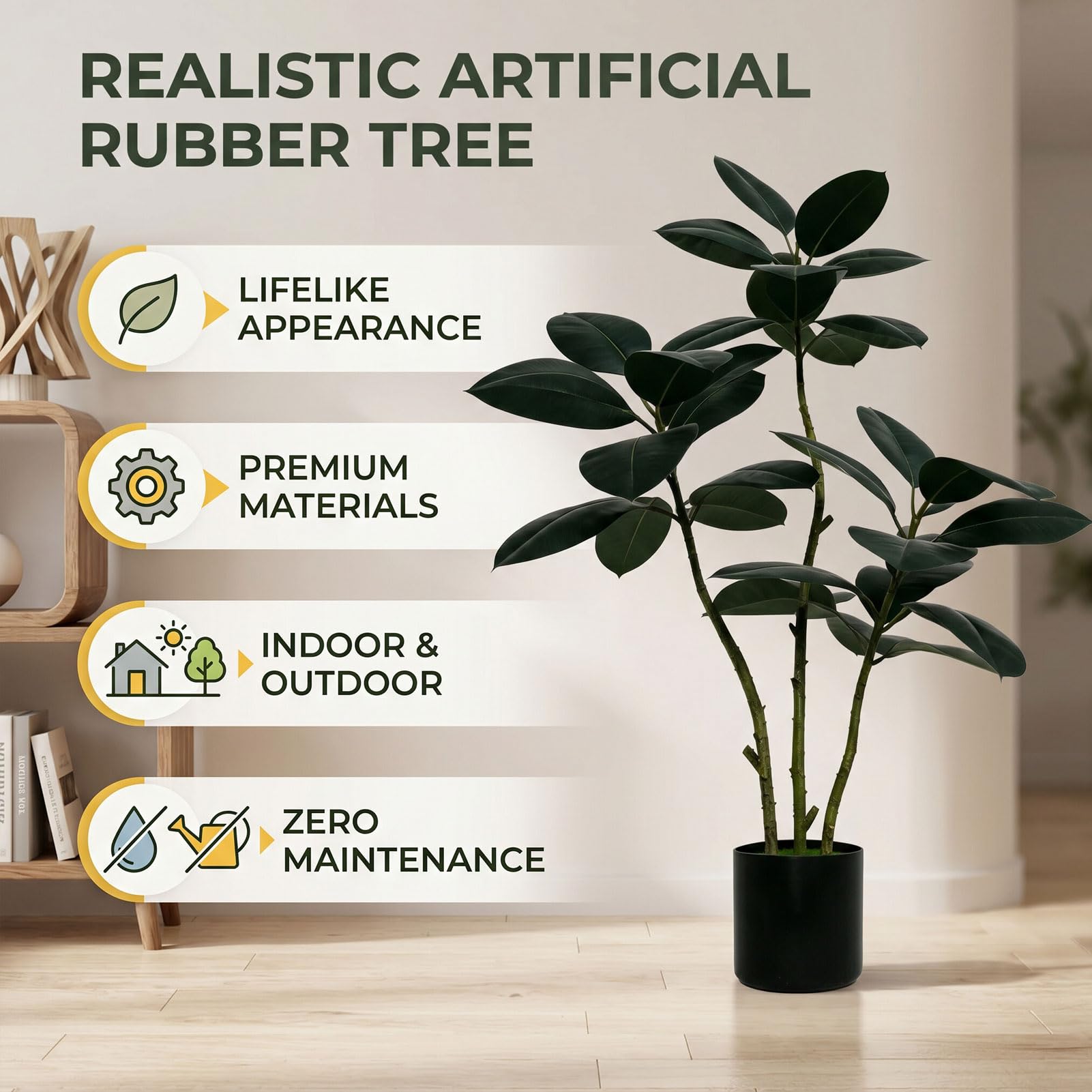 Asixxsix Arbre à Caoutchouc Artificiel avec 3 Têtes et 21 Feuilles Brillantes (130 cm)