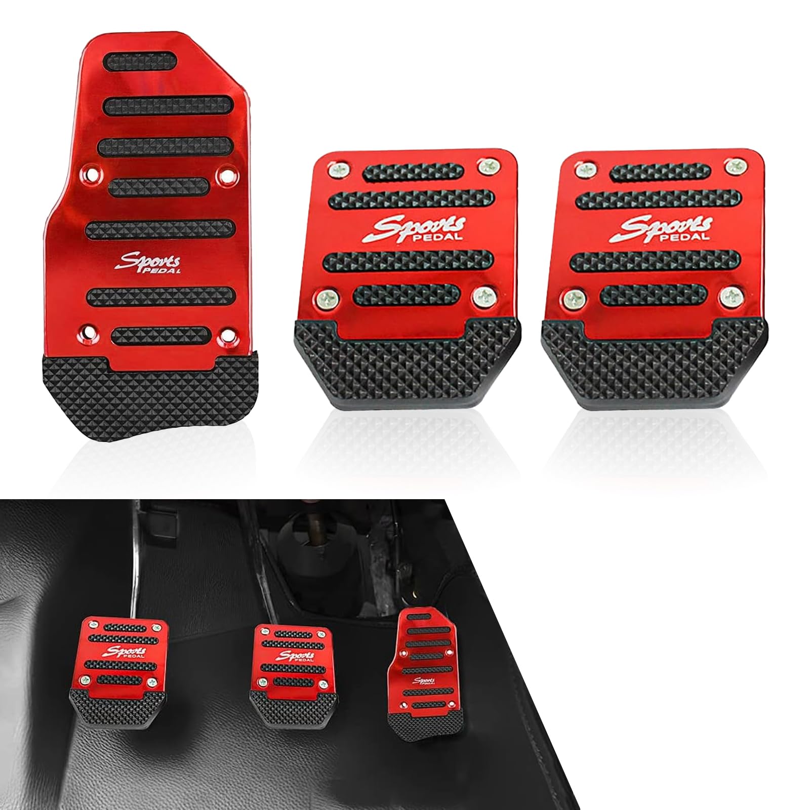 3 PCS Car Throttle + Brake + Clutch Pedal Kit, Thickened Alloy + High Elastic Striped Rubber Anti-Slip Transmission Pedal Cover Anti-Friction Pedal, for Most Manual Transmission Cars (Red)