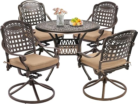 Grepatio 5 Piece Outdoor Dining Set Cast Aluminum Patio Table and Chairs Outside Furniture 4 Mesh Swivel Chairs with Khaki Cushion and 1 Umbrella Hole Round Dining Table for Lawn Garden Grid Khaki