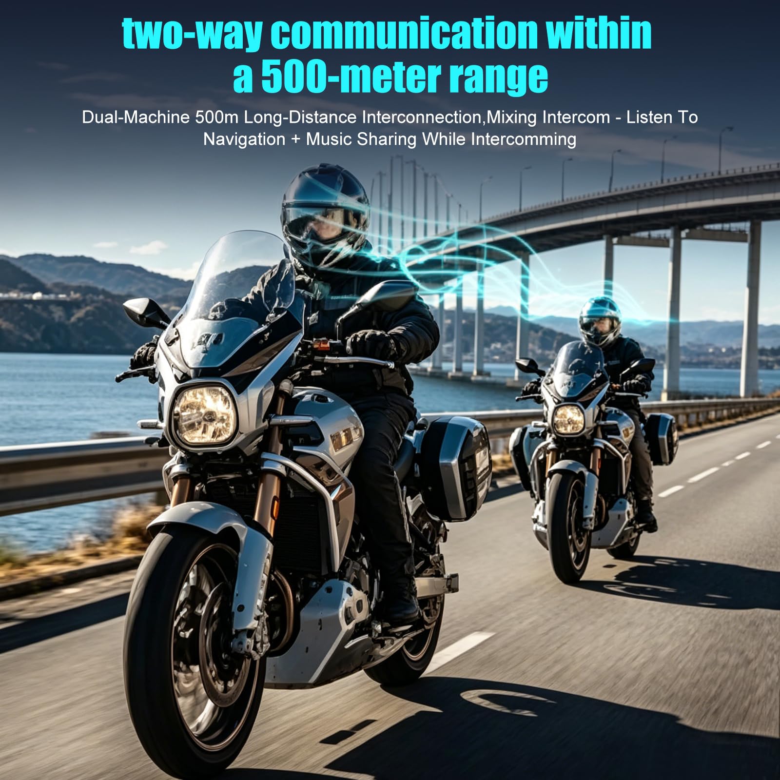 OBEST Interfono per casco da moto, Bluetooth 6.0, portata di comunicazione 500 metri, cancellazione intelligente del rumore, impermeabile IPX6, batteria da 1000 mAh, supporta la condivisione musicale