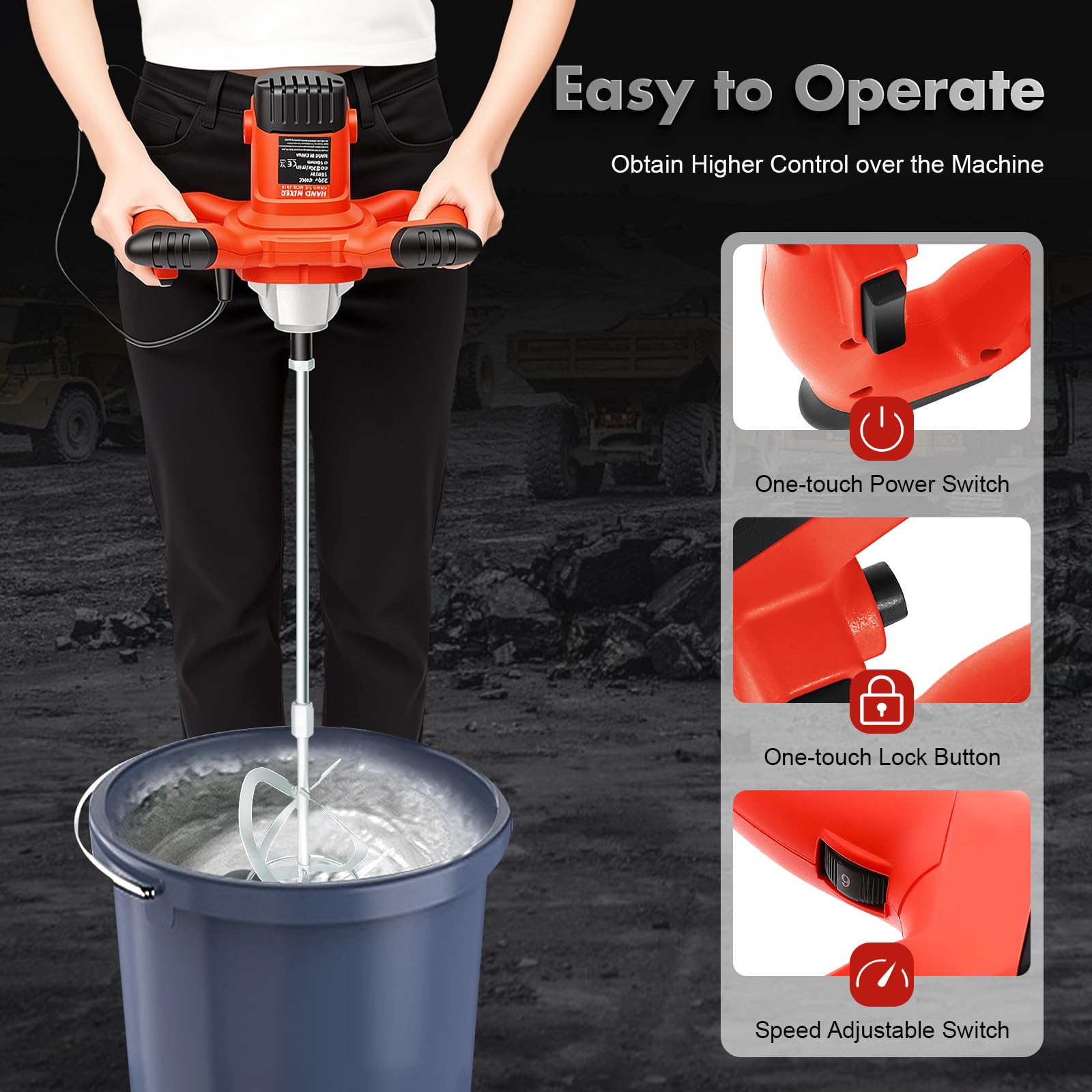 Hormigonera Portátil 1500W, Mezclador De Concreto Eléctrico 220V | Doble Aspa En S, Velocidad 330 A 930 RPM, Mezclador De Mortero Y Barro, Mango De Nylon Ergonómico, Astillero BTP, 12cm