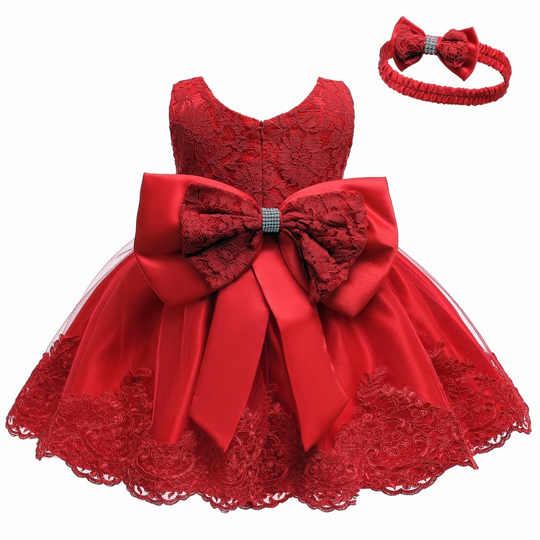 LZHBaby Girls Ruffle Lace Backless with Headwear,Bowknot Flower Dresses Pageant Party Wedding Baby Girl Christmas Dress