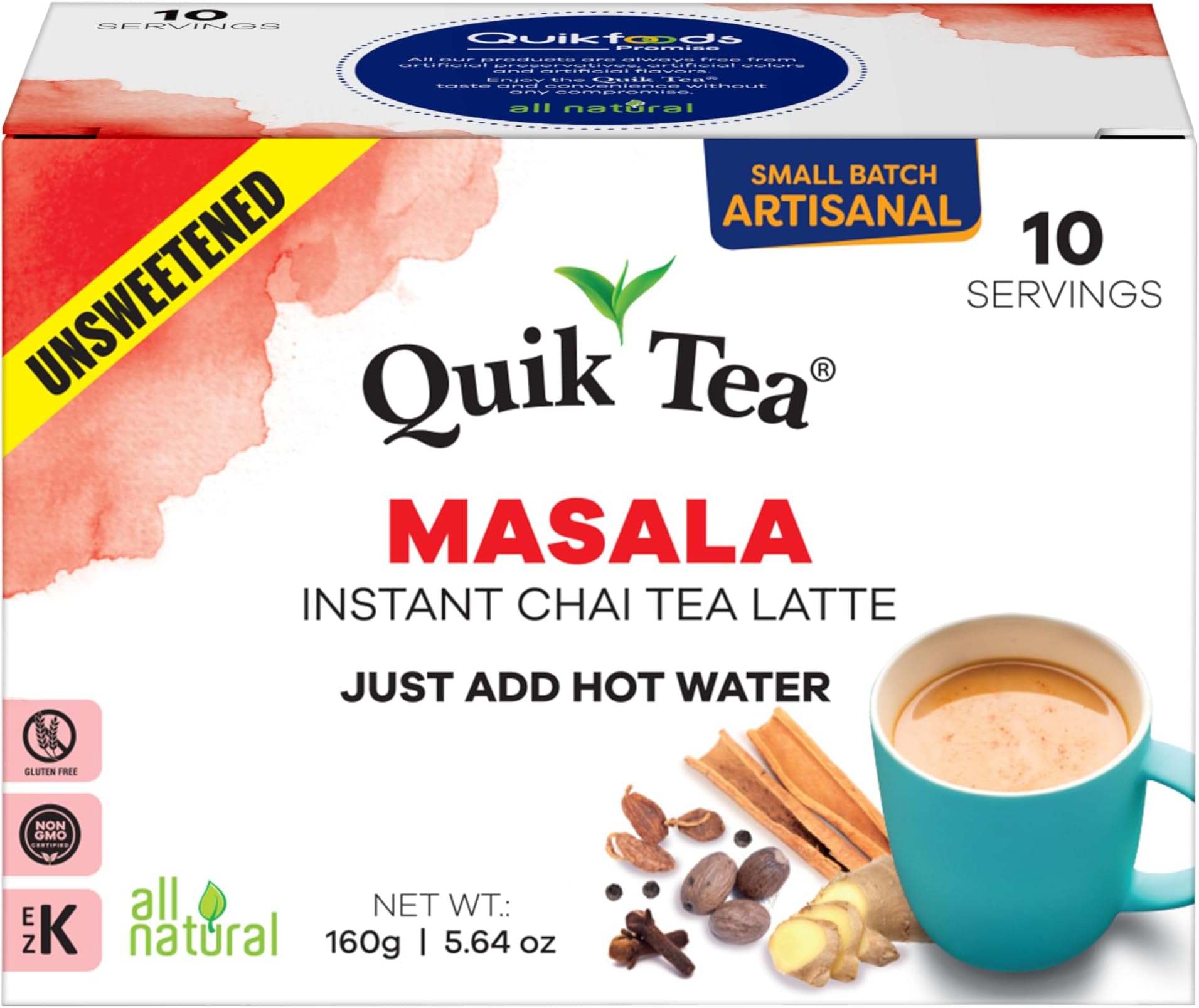 QuikTea Instant Unsweetened Masala Chai Tea Latte – 10 Count, classic latte with a hearty mix of traditional chai spices, low Caffeine, No artificial colors, flavors, preservatives – Just Add Hot Water