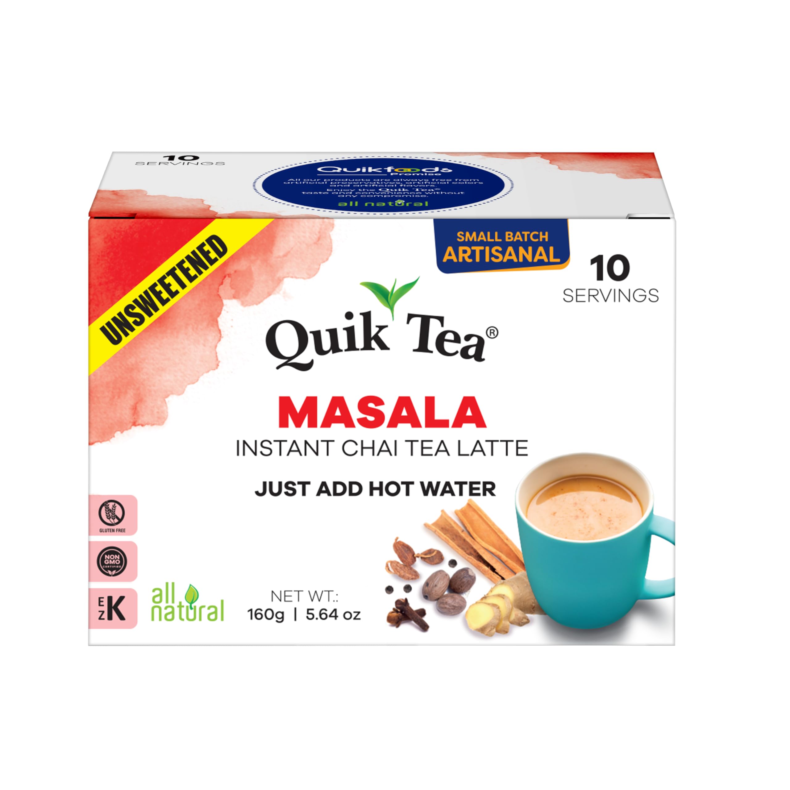 QuikTea Unsweetened Masala Chai Tea Latte - 10 Count Single Box - All Natural Preservative Free Authentic Chai