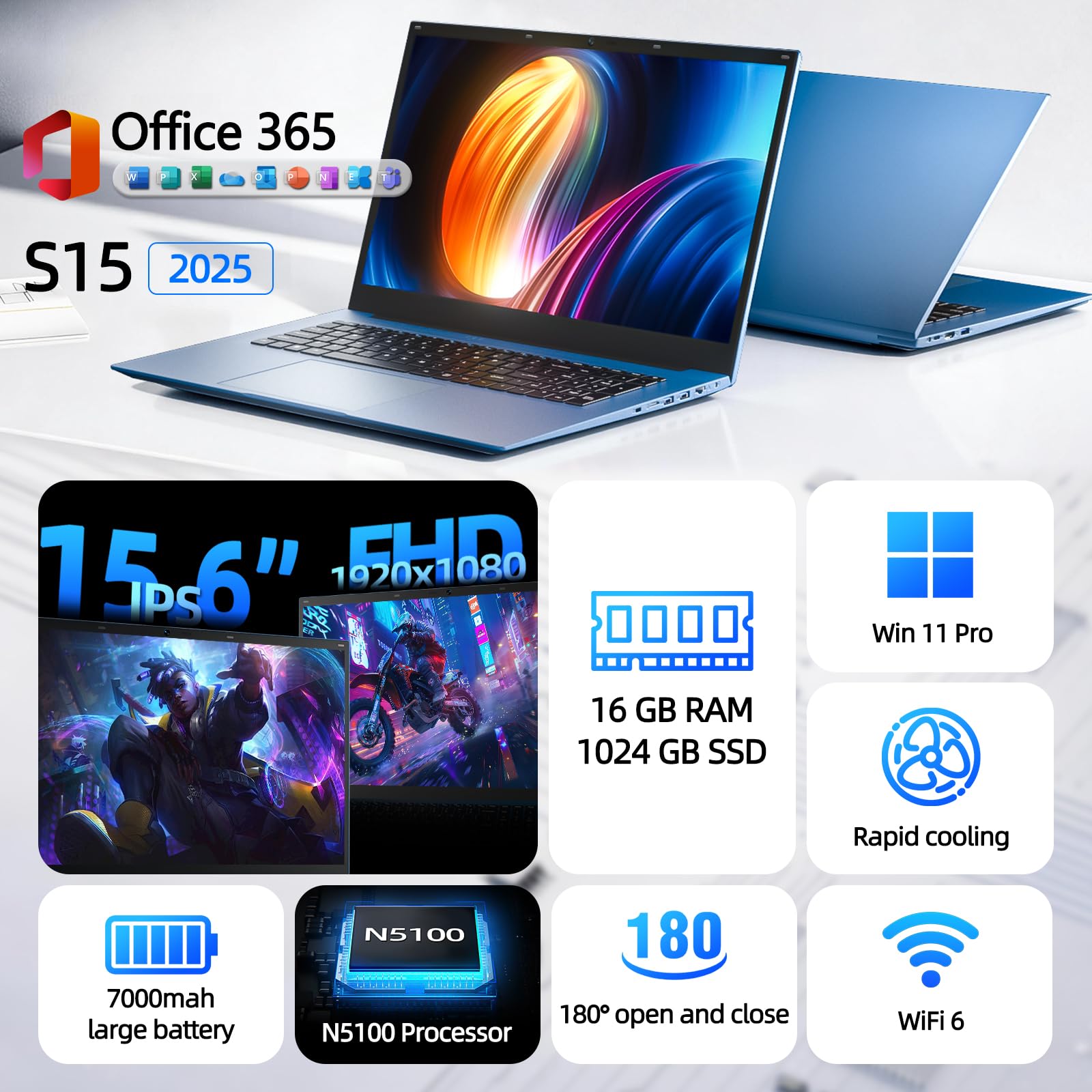 MELIUNA Laptop, 15.6 Inch Laptop Computer with Windows 11 Laptops, 16GB RAM 1024GB SSD, Celeron, Office 365, WiFi 6, IPS FHD, 180° Viewing, 53.2WH Battery, HDMI, Cooling Fan(Gray) - 3