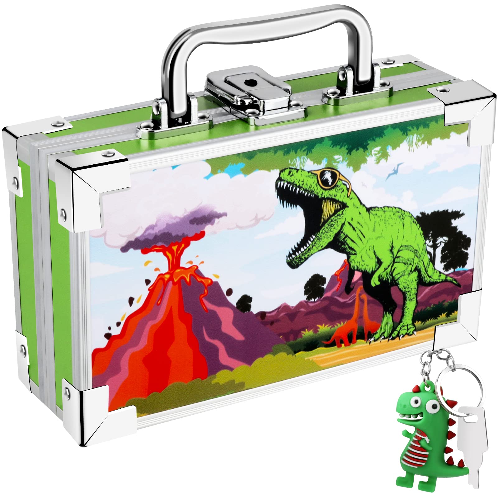 JYPS Dinosaur Pencil Box for Boys & Girls, Lock Box with Portable Handle and Dinosaur Keychain, Green Pencil Case, Cute School Supplies, Back to School Gift