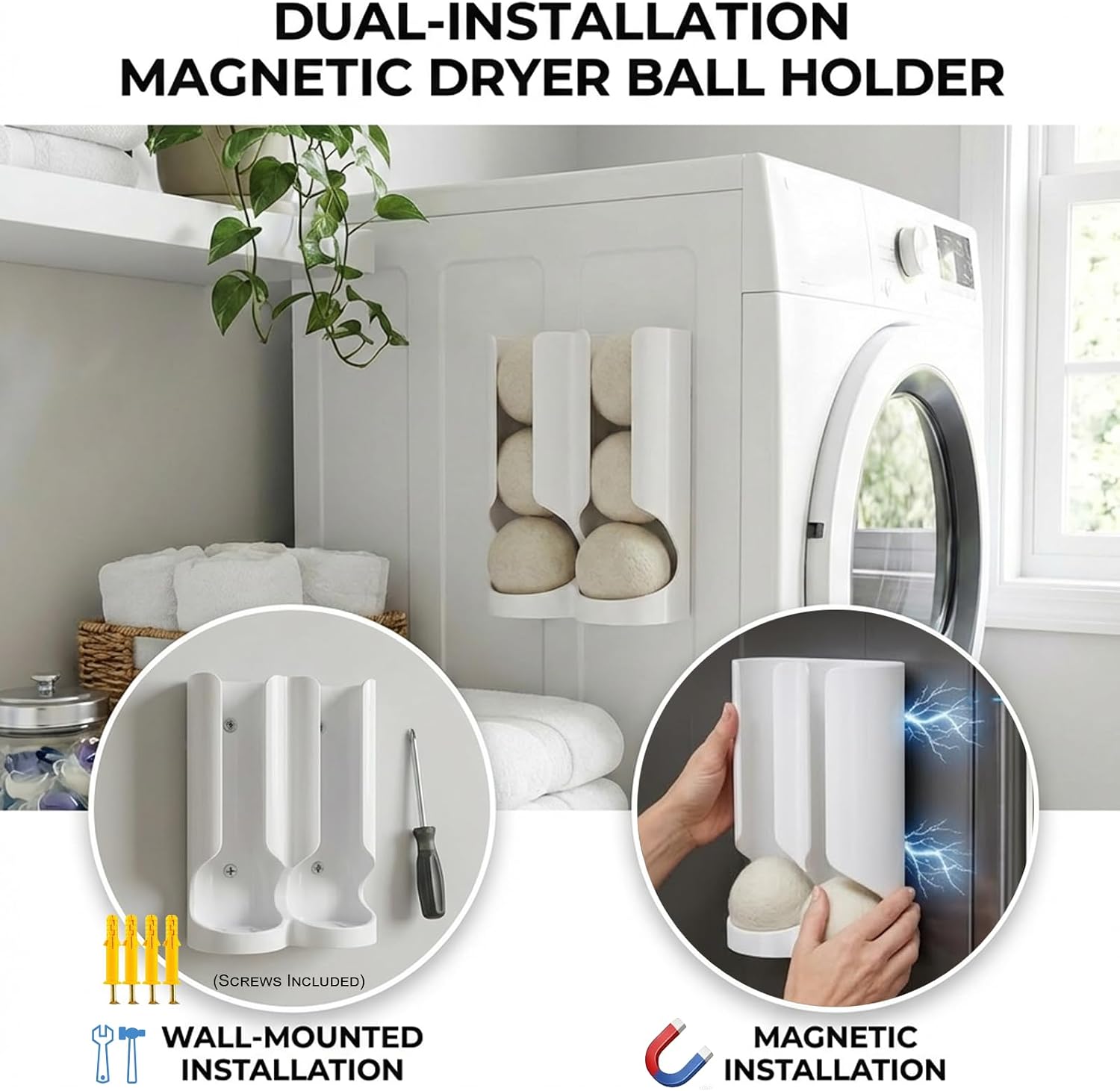 Magnetic Dryer Ball Holder for Laundry Room Organization - Space-Saving Wool Dryer Ball Storage Rack, Strong Magnet Mounts to Washer & Dryer, Holds 6+ Standard Balls, Two Ways to Use,Minimalist Design