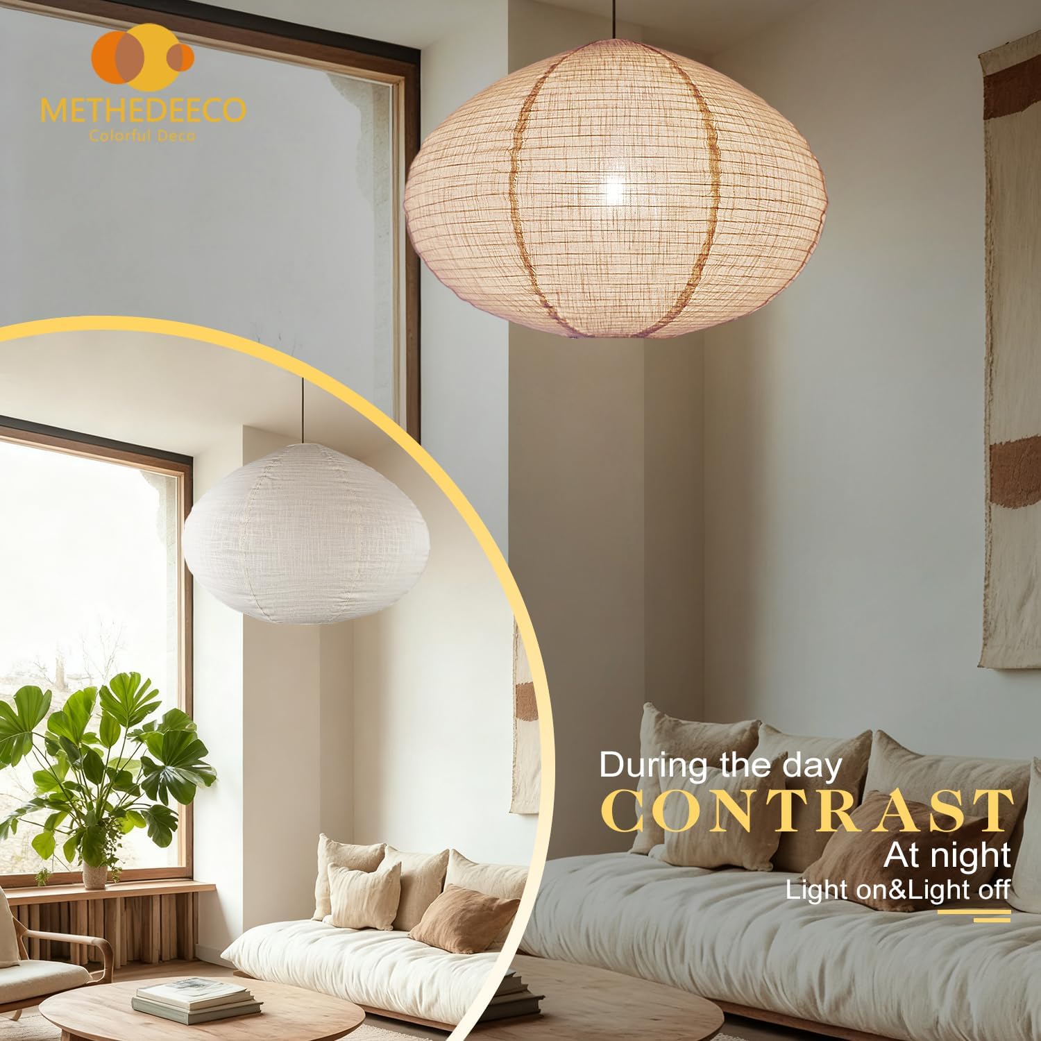 Hanging Lantern Lamp 20INCH Oval Linen Pendant Light Shade Handmade Fabric Light Covers for Garden Patio Boho Living Room, Artistic Bedrooms for Creatives & Aesthetic Homes