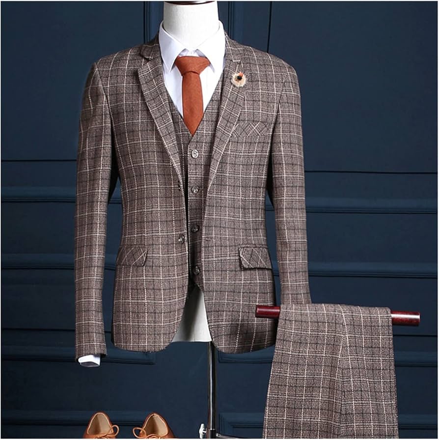 ブラウン、チェック柄　ビジネススーツスリーピース Amazon.co.jp: スーツ 紳士服セット フィッティング チェック柄スーツ