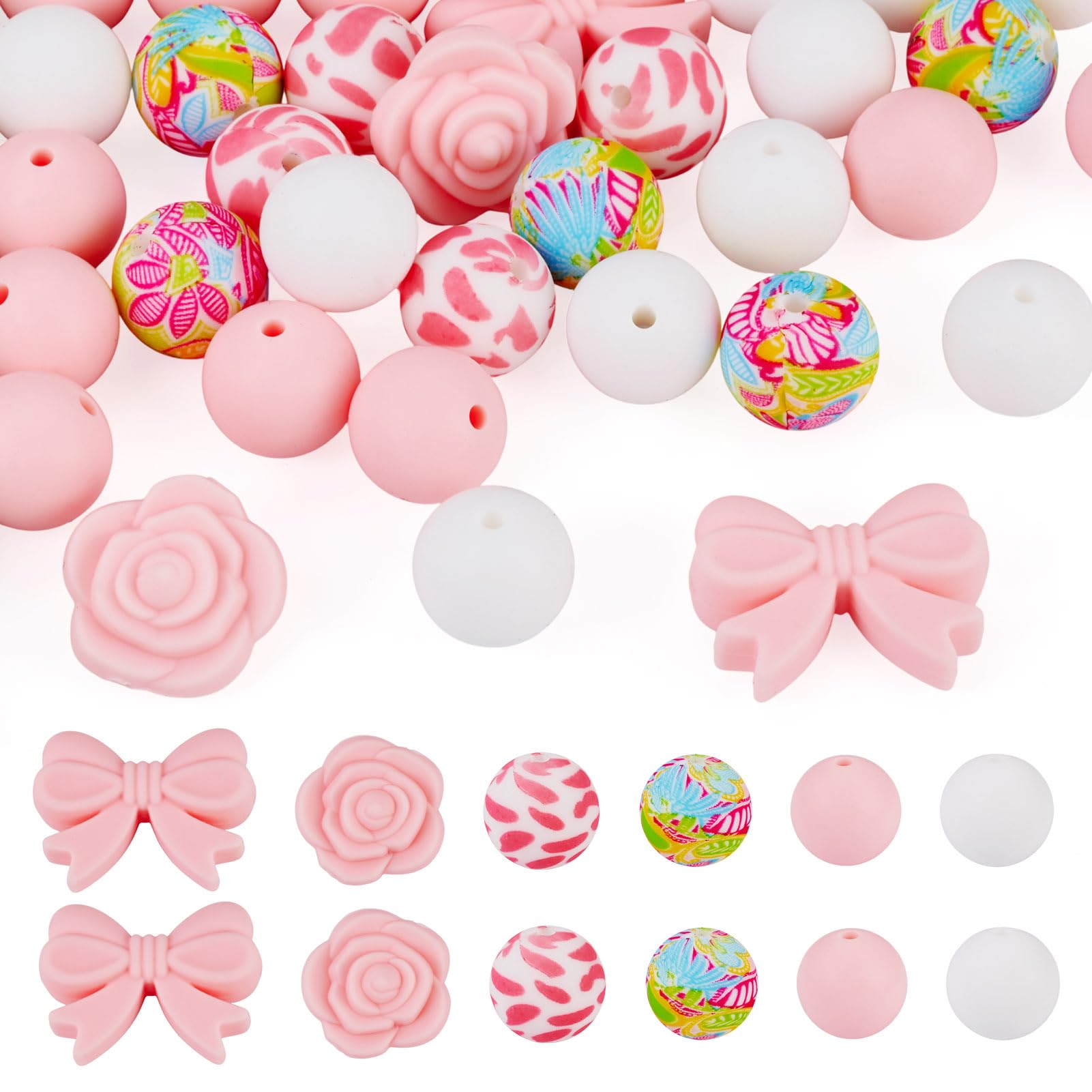 34Pcs Pink Bowknot Silicone Focal Beads for Pen Valentine Silicone Beads for Keychain Making Assorted Rose Flower Rubber Charms for Bracelet Necklace Jewelry Making