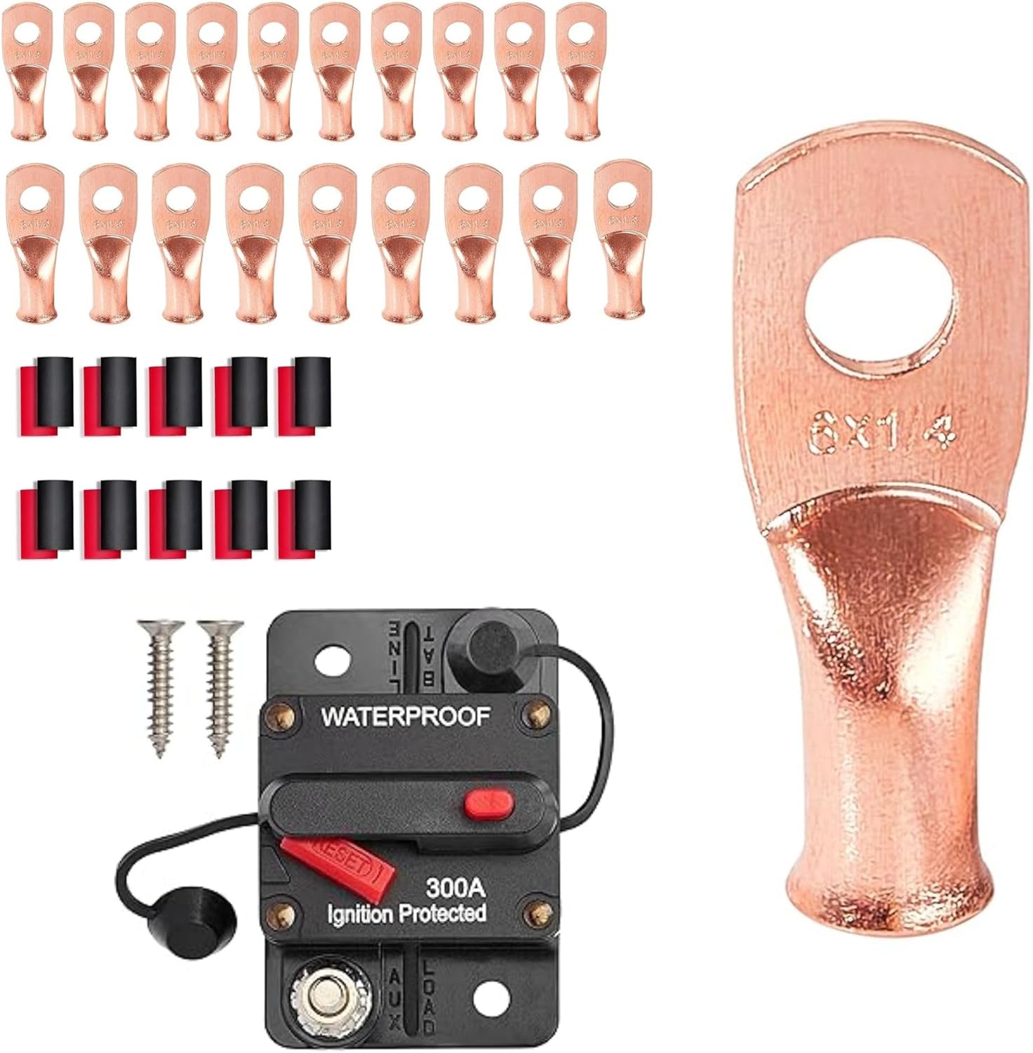 RED WOLF 120A Circuit Breaker Manual Reset Switch 6 AWG 1/4" Battery Cable End Copper Ring Terminal Connector Lug w/3:1 Ratio Heat Shrink Tube for Boat Trolling Stereo Battery Solar System Inline