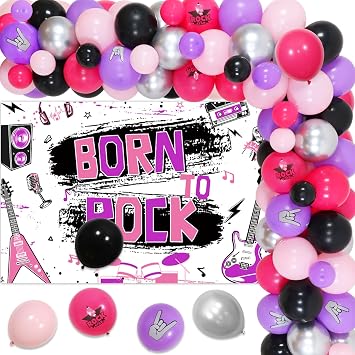 Cheereveal Born to Rock Party Decorations - Guitar Balloon Garland Arch Kit, Musical Notes Elements Backdrop, Purple & Pink Crenics Rock Stars Theme Party Supplies
